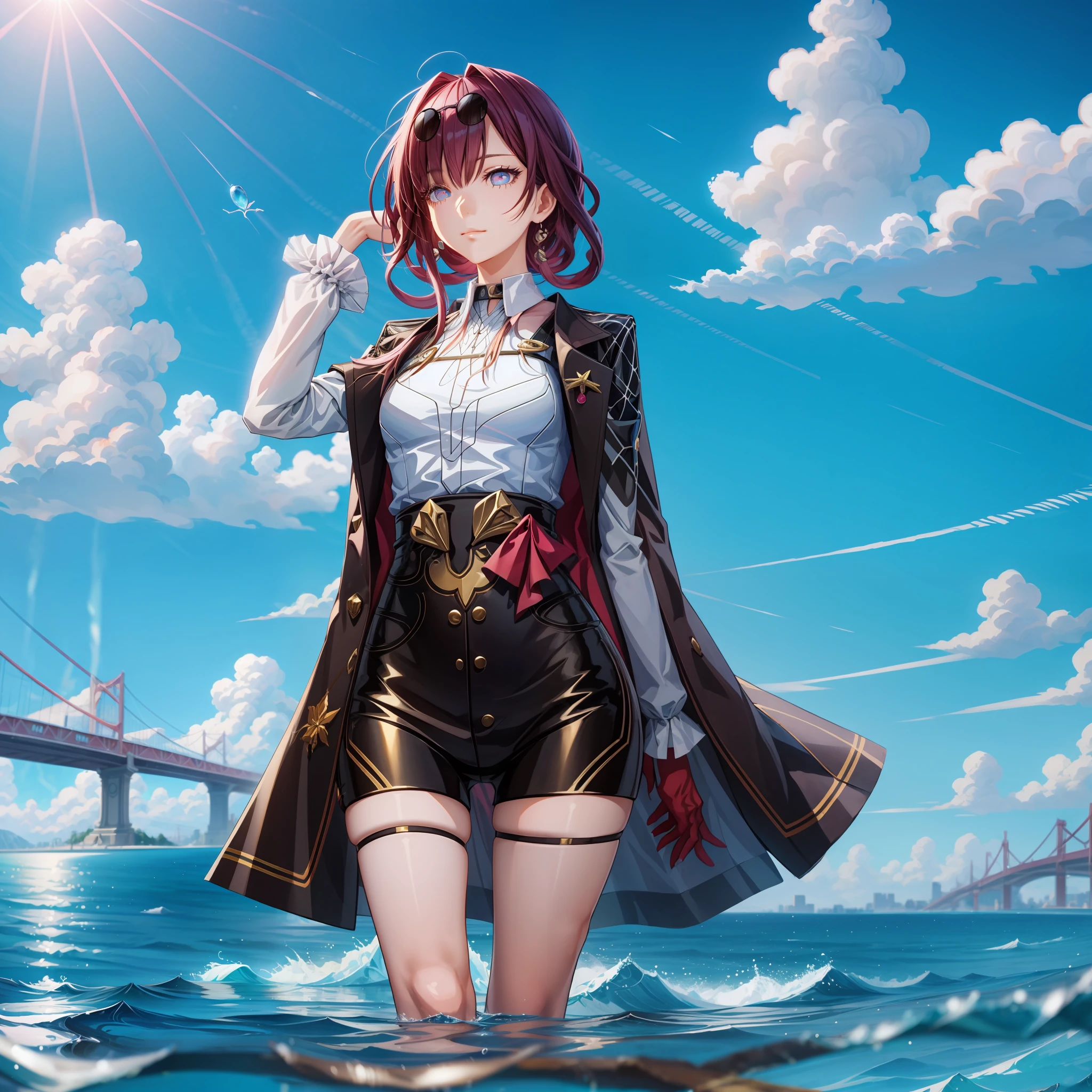 (Background with), tmasterpiece, best qualtiy, illustration, the wallpaper, hyper-detailing, absurderes, 1girll, 独奏, (liquid hair:1.2), beatiful detailed eyes,
, long whitr hair, wave, Eau, water dripping, Looks to the side, wading,
(the street:1.5), suns, mostly cloudy sky,