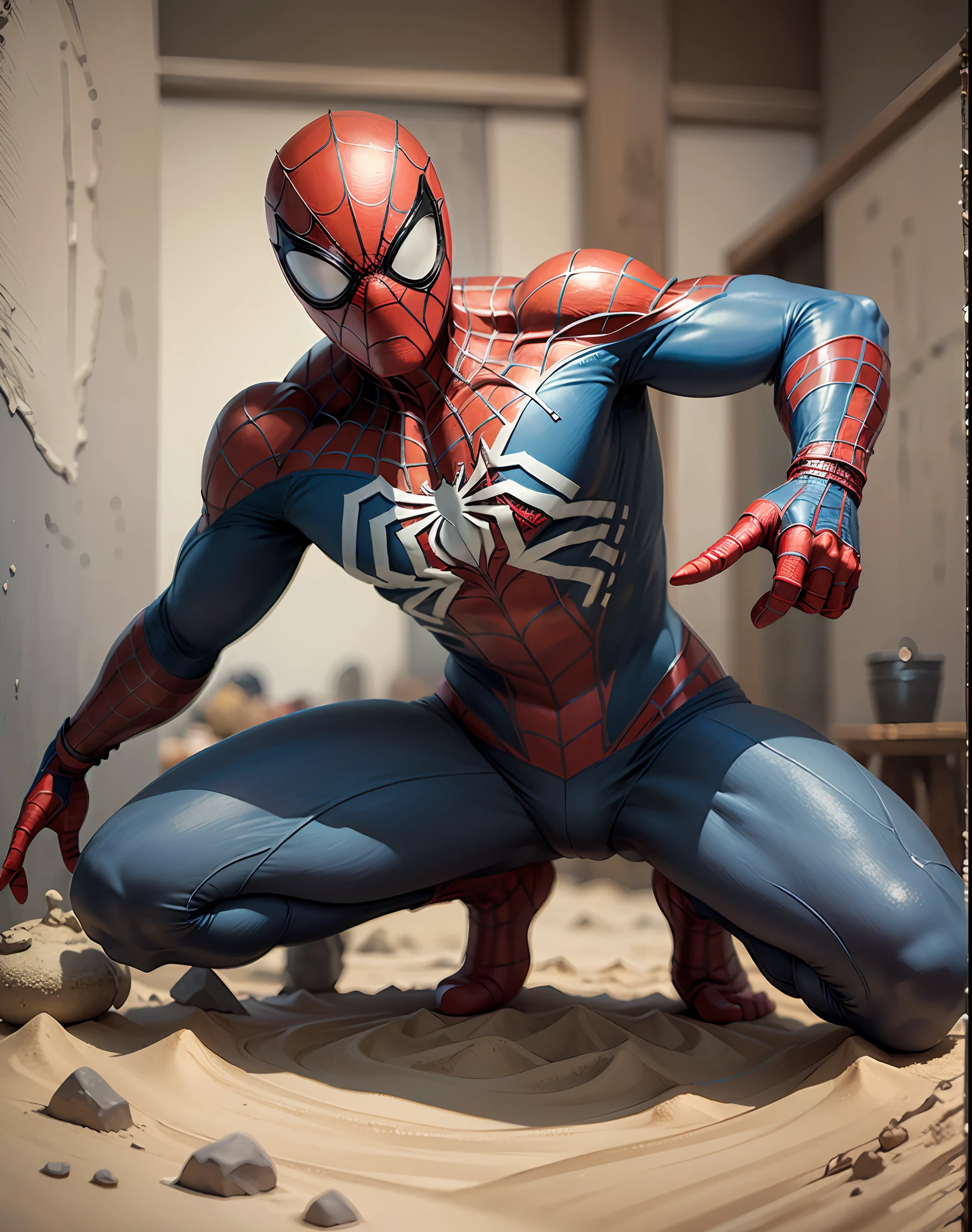 (best quality:1.33), (masterpiece:1.42), (realistic:1.24), (detailed:1.15), 1spiderman, spiderman create a sand statue