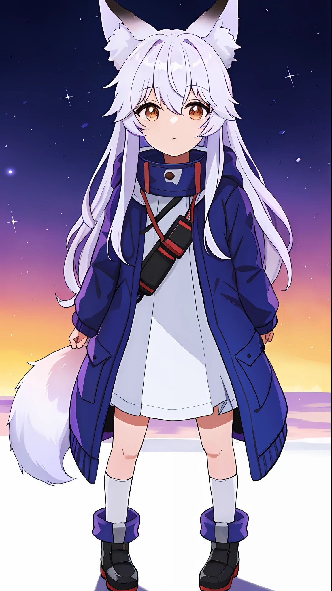 Fox ears、Fox tail、Standing picture、parka、Gamine、Lori、The long-haired、full body Esbian、white backgrounid、simple background、