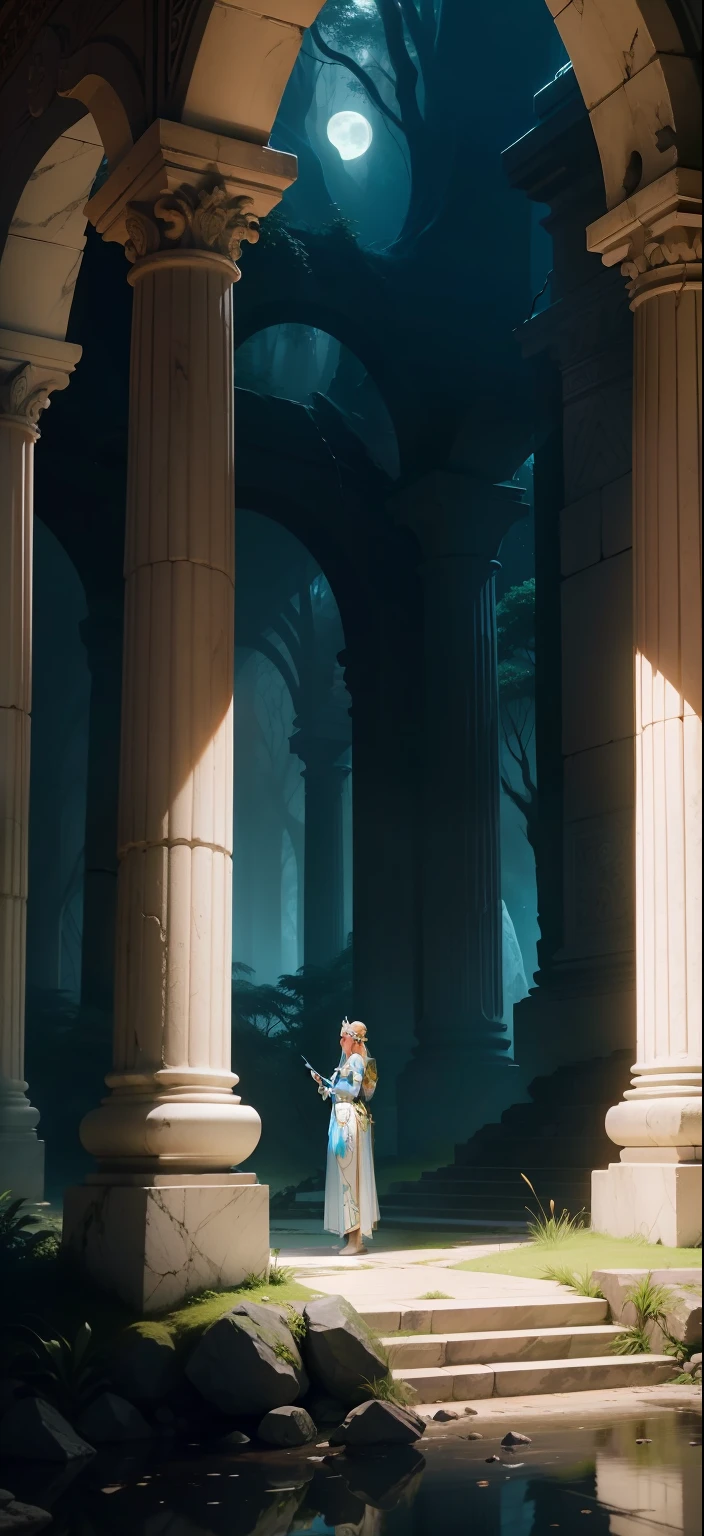 Create a stunning image of a white marble statue of Princess Zelda, posicionada majestosamente em meio a uma floresta noturna, on the outskirts of an ancient and destroyed temple. The statue of Zelda is dressed in her iconic royal outfit, com detalhes intrincados, and his hands hold an elegant scepter, refletindo sua realeza e sabedoria. The night forest is illuminated by the light of the moon, Creating a mystical and mysterious environment. The wreckage of the ancient temple is in the background, with broken pillars and ruins, evoking a sense of history and mystery. Add magical elements, como folhas e flores flutuantes com brilhos suaves, to emphasize the legendary nature of the setting. Create a captivating visual representation of this scene, capturando a beleza, a serenidade e a nostalgia da Princesa Zelda em meio a essa paisagem noturna de um mundo encantado."