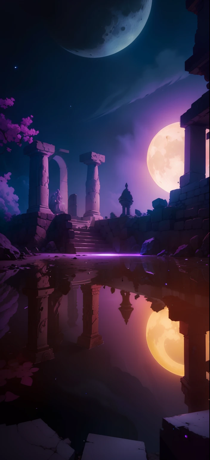 Create a stunning image of a white marble statue of Princess Zelda, posicionada majestosamente em meio a uma floresta noturna, on the outskirts of an ancient and destroyed temple. The statue of Zelda is dressed in her iconic royal outfit, com detalhes intrincados, and his hands hold an elegant scepter, refletindo sua realeza e sabedoria. The night forest is illuminated by the light of the moon, Creating a mystical and mysterious environment. The wreckage of the ancient temple is in the background, with broken pillars and ruins, evoking a sense of history and mystery. Add magical elements, como folhas e flores flutuantes com brilhos suaves, to emphasize the legendary nature of the setting. Create a captivating visual representation of this scene, capturando a beleza, a serenidade e a nostalgia da Princesa Zelda em meio a essa paisagem noturna de um mundo encantado."