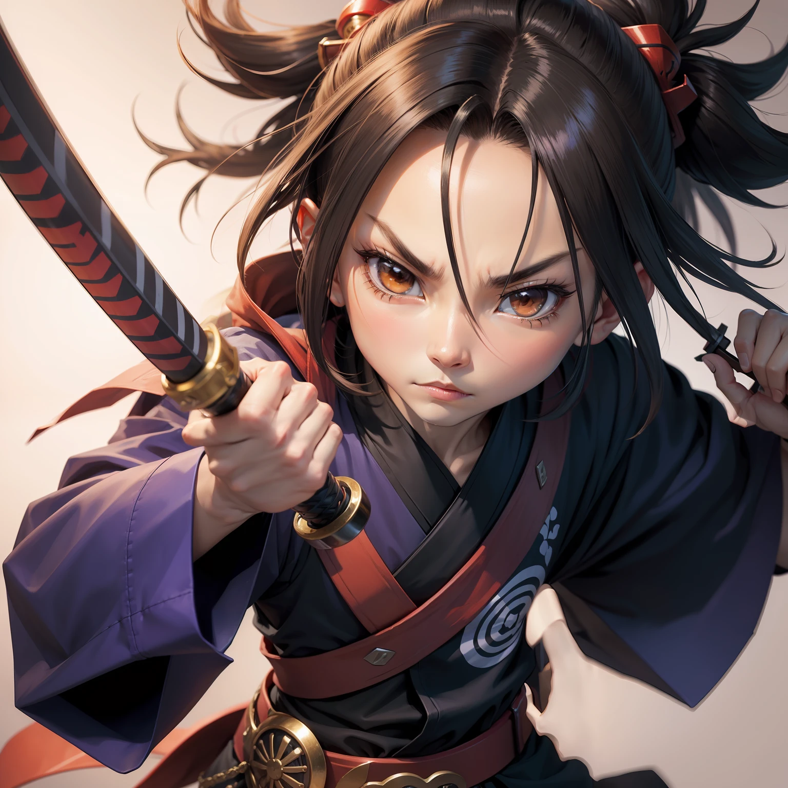 Make a wallpaper of Yoh Asakura from Shaman King pointing a katana at the camera