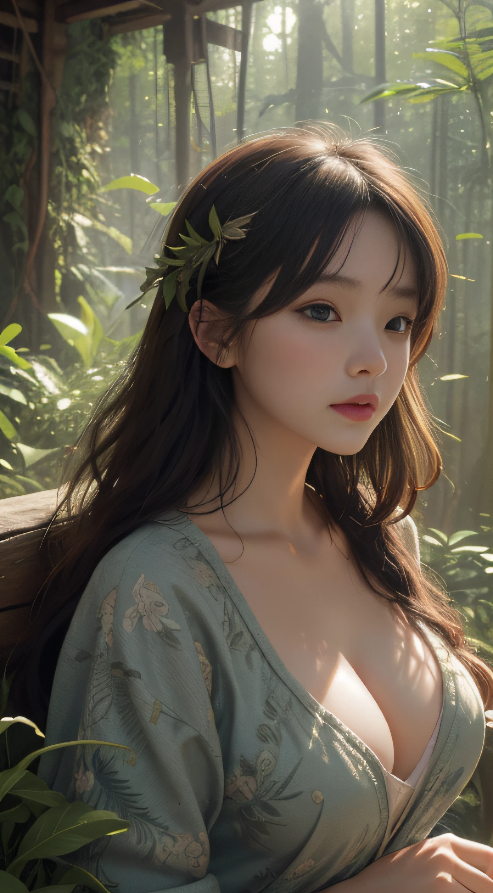closeup cleavage,ln the forest,hillside,Quiet,Rustic,High-definition details、Splashed lotion,Detailed and intricate digital illustration of dense jungle full of exotic plants and animals,Sunlight filters through the canopy to create a mottled effect。The style of Yoshitaka Amano and Hayao Miyazaki,tmasterpiece,proportionate,the detail,trends in art station,beautiful light up,realisticlying,复杂,Award-Awarded,4k,Awarded for the highest quality,