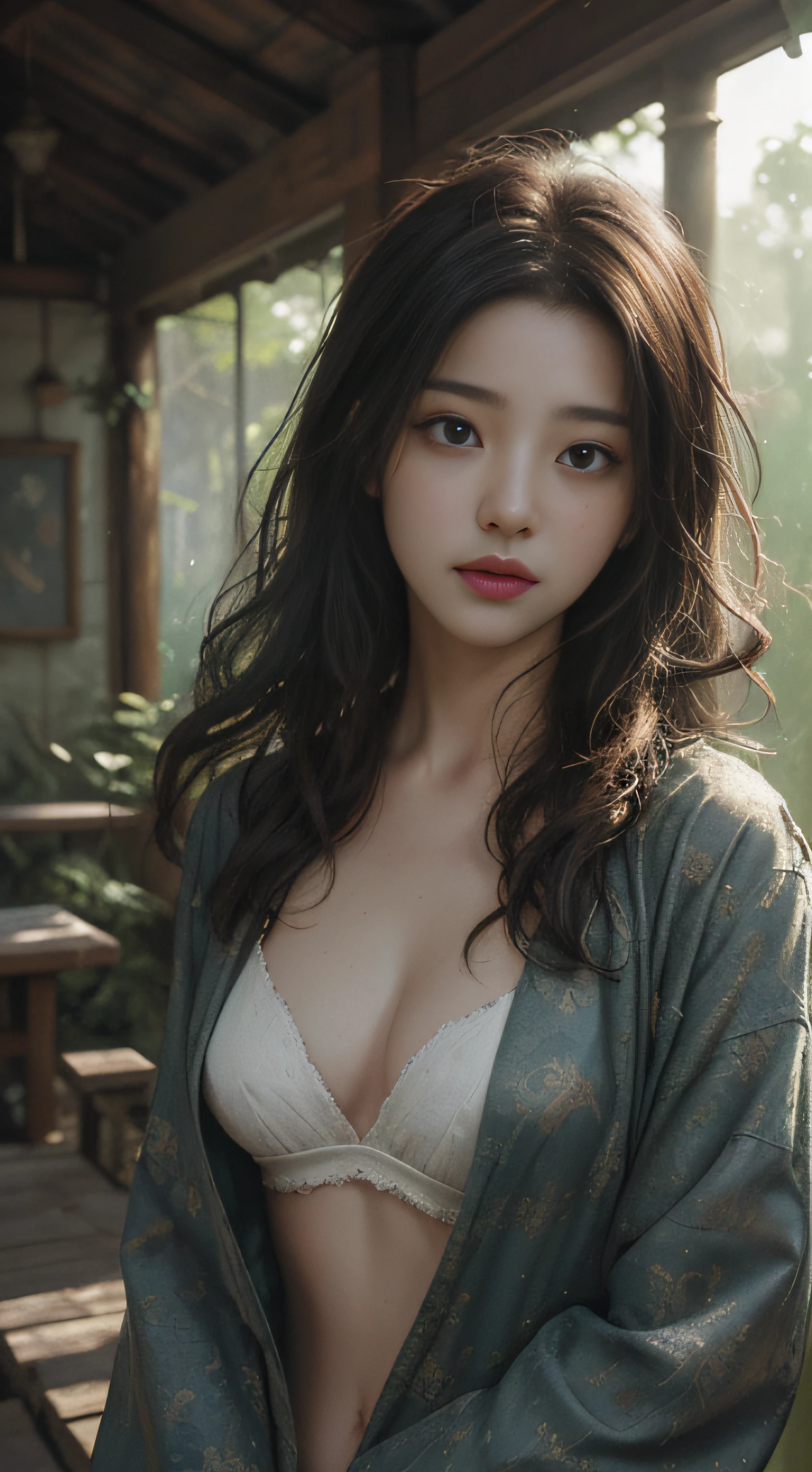 （（splash of color，Splash ink、Color splattering）），navel，cleavage，（Bigchest：1.2）closeup cleavage，ln the forest，hillside，Quiet，Rustic，High-definition details、Splashed lotion，Detailed and intricate digital illustration of dense jungle full of exotic plants and animals，Sunlight filters through the canopy to create a mottled effect。The style of Yoshitaka Amano and Hayao Miyazaki，tmasterpiece，proportionate，the detail，trends in art station，beautiful light up，realisticlying，复杂，Award-Awarded，4k，Awarded for the highest quality，4K digital painting in the style of Yoshitaka Amano。A detailed and complex depiction of the zombie apocalypse，The chaos and drama of the scene is subtly captured。Beautiful lighting and cinematic composition make this piece a true masterpiece，