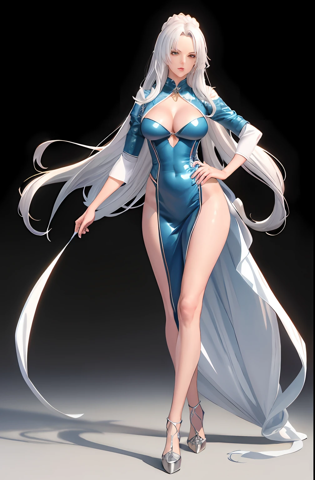 Master anime works,An impeccable masterpiece,8K picture quality: A mature noblewoman standing on solid color background in cool sexy clothes,Female boss,Flowing silver hair,Full-body standing,Slender legs,Straight breasts,Detailed facial details,Naturally beautiful standing,Vivid and authentic body details