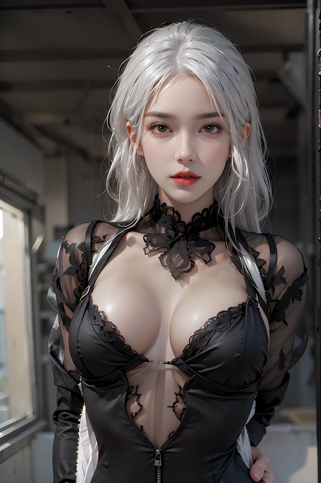 photorealistic, high resolution, 1 women, solo, hips up, look at viewer, (detailed face), white hair, black lace bodysuit