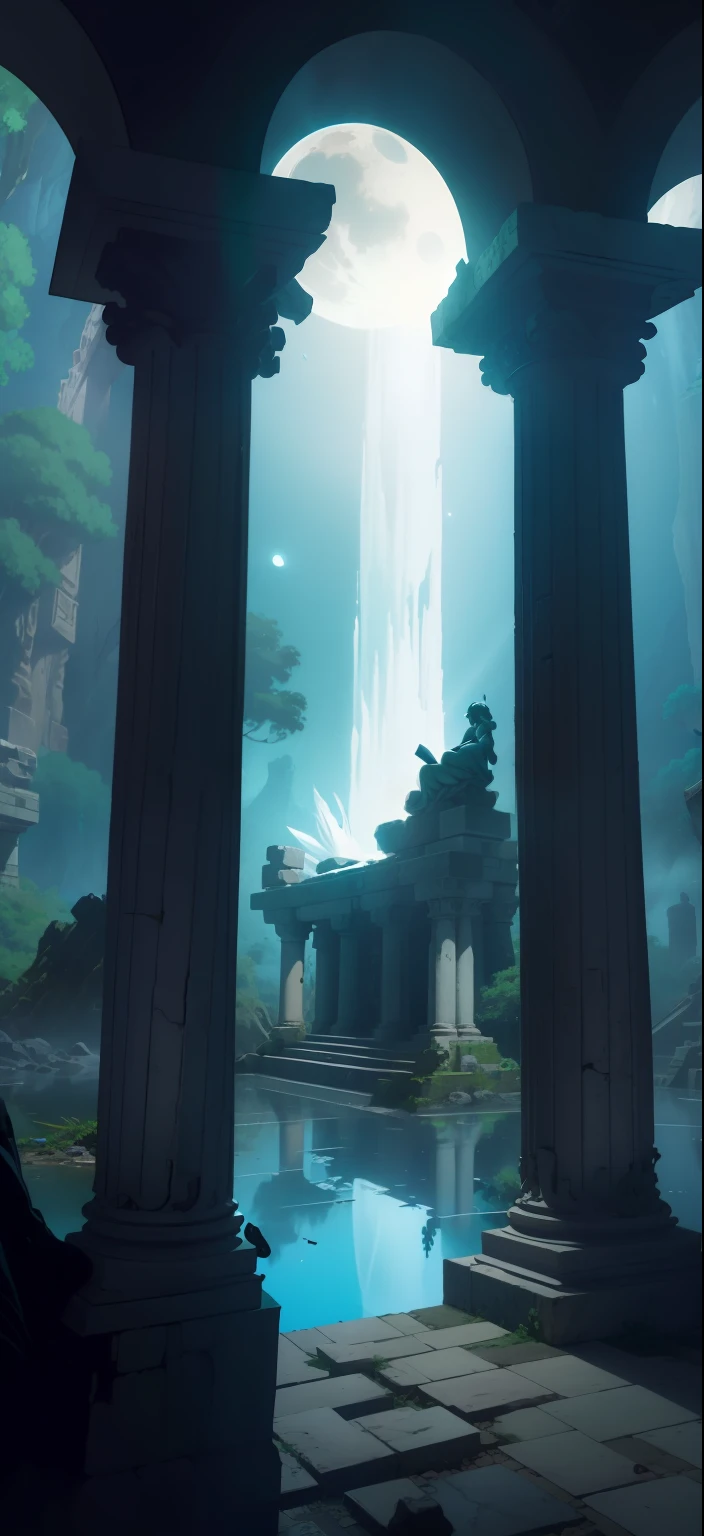 Create a stunning image of a white marble statue of Princess Zelda, posicionada majestosamente em meio a uma floresta noturna, on the outskirts of an ancient and destroyed temple. The statue of Zelda is dressed in her iconic royal outfit, com detalhes intrincados, and his hands hold an elegant scepter, refletindo sua realeza e sabedoria. The night forest is illuminated by the light of the moon, Creating a mystical and mysterious environment. The wreckage of the ancient temple is in the background, with broken pillars and ruins, evoking a sense of history and mystery. Add magical elements, como folhas e flores flutuantes com brilhos suaves, to emphasize the legendary nature of the setting. Create a captivating visual representation of this scene, capturando a beleza, a serenidade e a nostalgia da Princesa Zelda em meio a essa paisagem noturna de um mundo encantado."