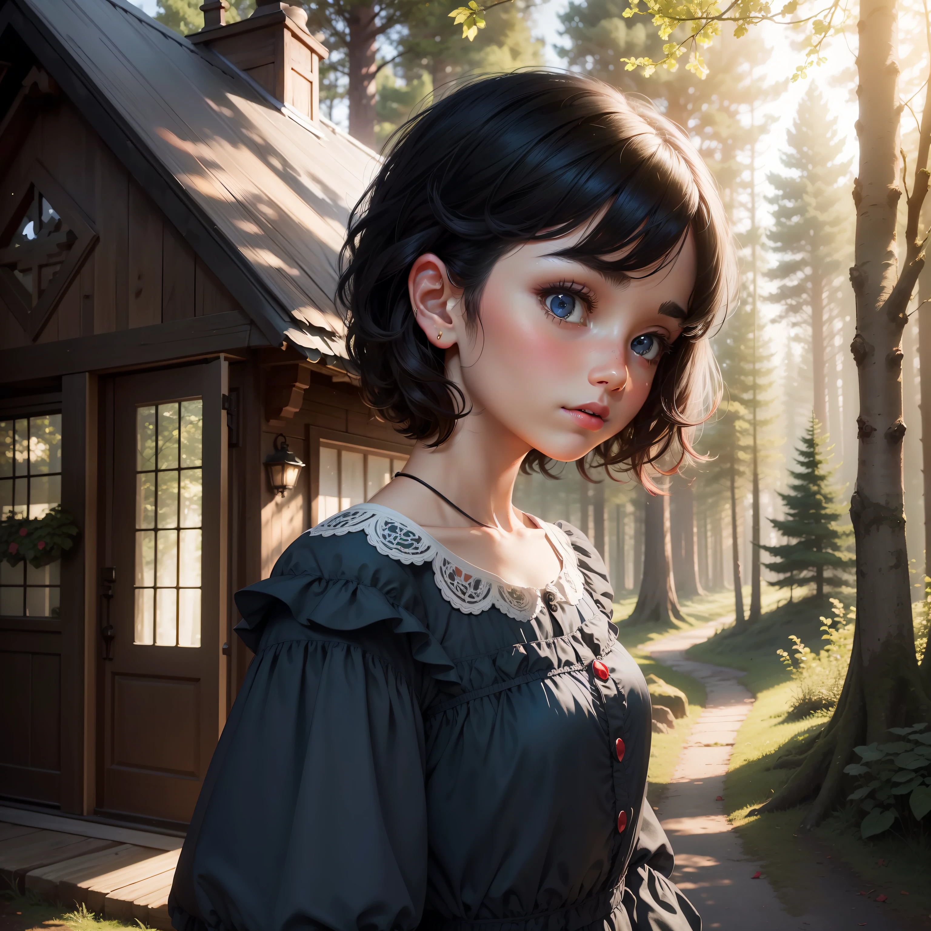 cottage in the forest,There is one girl,Short black hair,Hair is slightly curled,Red bow on the head,big bright eyes,with fair skin,The nose is high,Ruddy mouth,Blue dress,Baroque style,Apple in hand,Beautuful Women