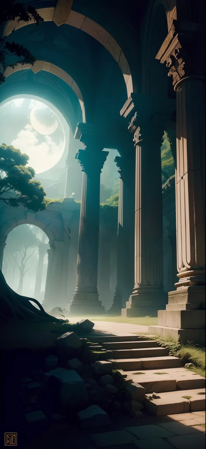 Create a stunning image of a white marble statue of Princess Zelda, posicionada majestosamente em meio a uma floresta noturna, on the outskirts of an ancient and destroyed temple. The statue of Zelda is dressed in her iconic royal outfit, com detalhes intrincados, and his hands hold an elegant scepter, refletindo sua realeza e sabedoria. The night forest is illuminated by the light of the moon, Creating a mystical and mysterious environment. The wreckage of the ancient temple is in the background, with broken pillars and ruins, evoking a sense of history and mystery. Add magical elements, como folhas e flores flutuantes com brilhos suaves, to emphasize the legendary nature of the setting. Create a captivating visual representation of this scene, capturando a beleza, a serenidade e a nostalgia da Princesa Zelda em meio a essa paisagem noturna de um mundo encantado."