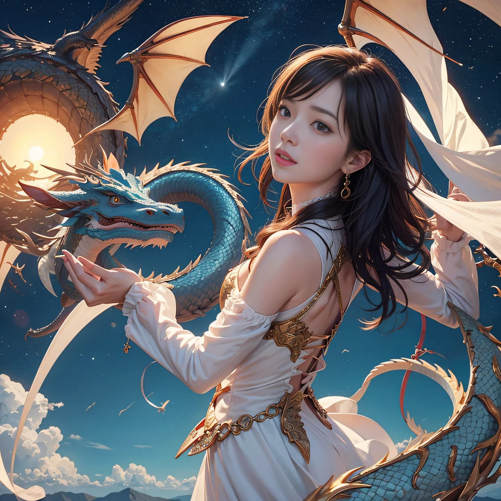 full bodyesbian、Dragon soaring high in the heavens、One girl looks up to call while reaching for the dragon
