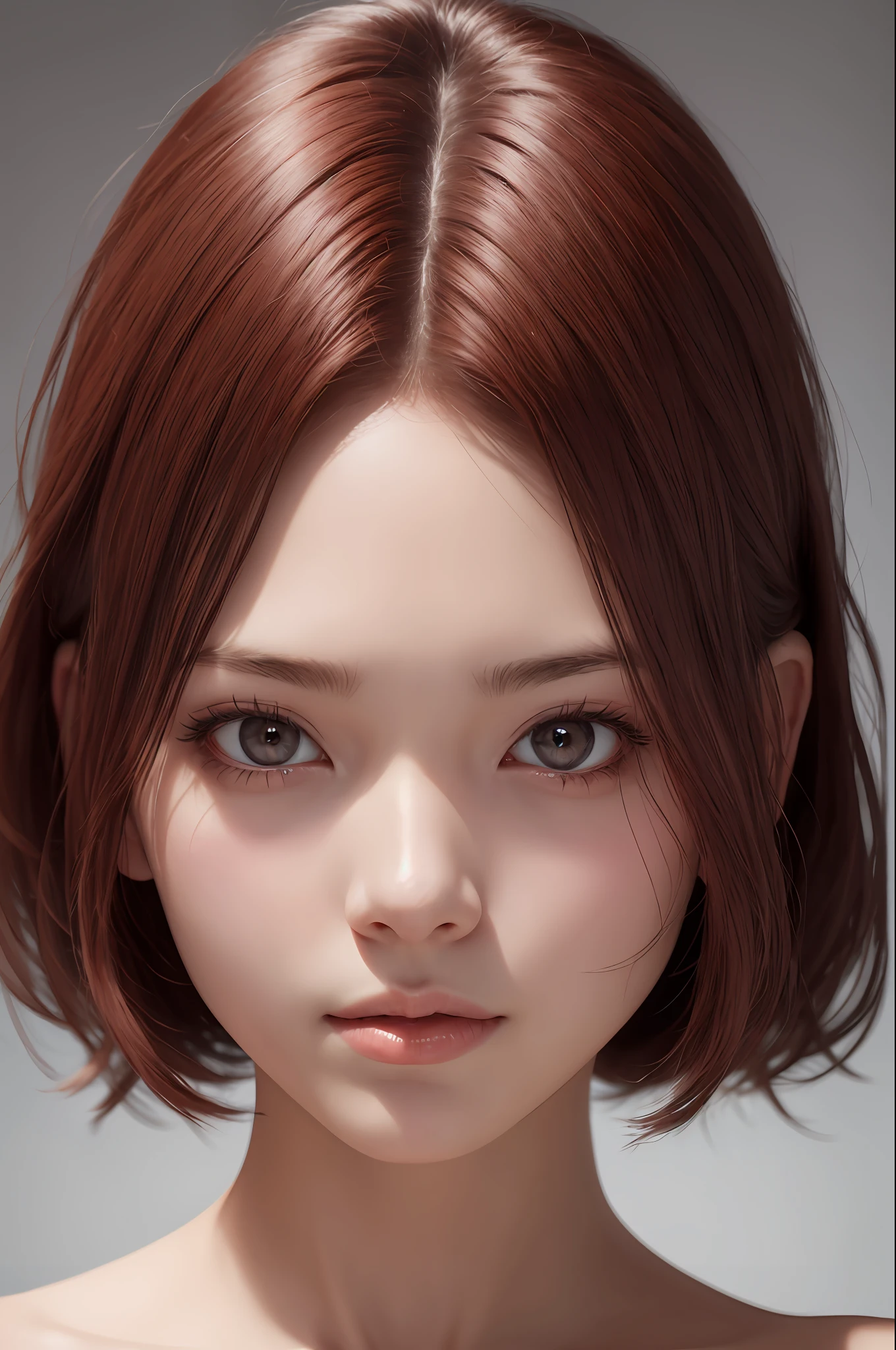 1girl, star eye, blush, perfect illumination, red hair, red eyes, unreal engine, sidelighting, detailed face, bangs, bright skin, simple background, dark background, full nude