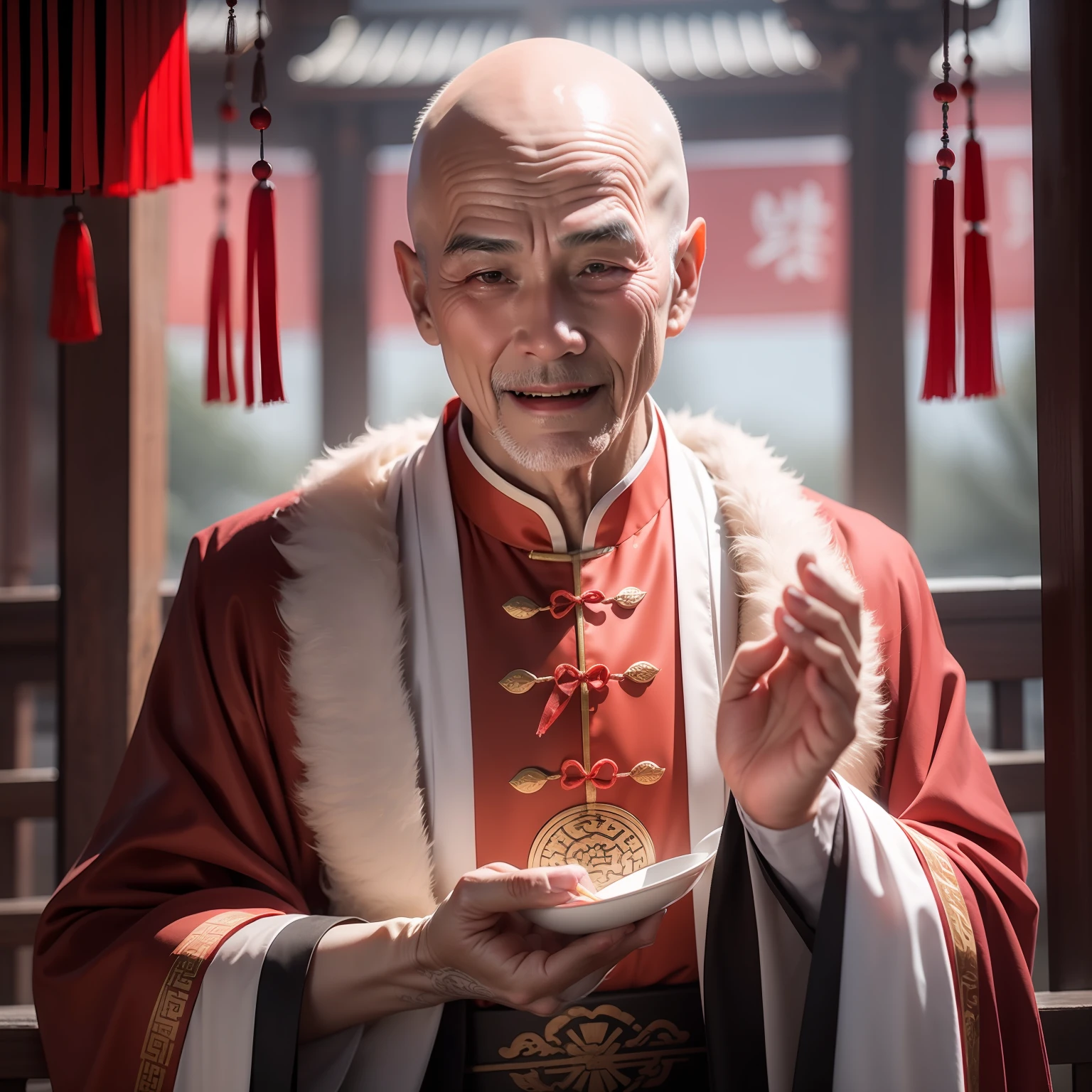 Han Chinese,A bald old man dressed in traditional Chinese clothing,red colour,jubilation,a cassock,Temple,k hd,真实感,超高分辨率