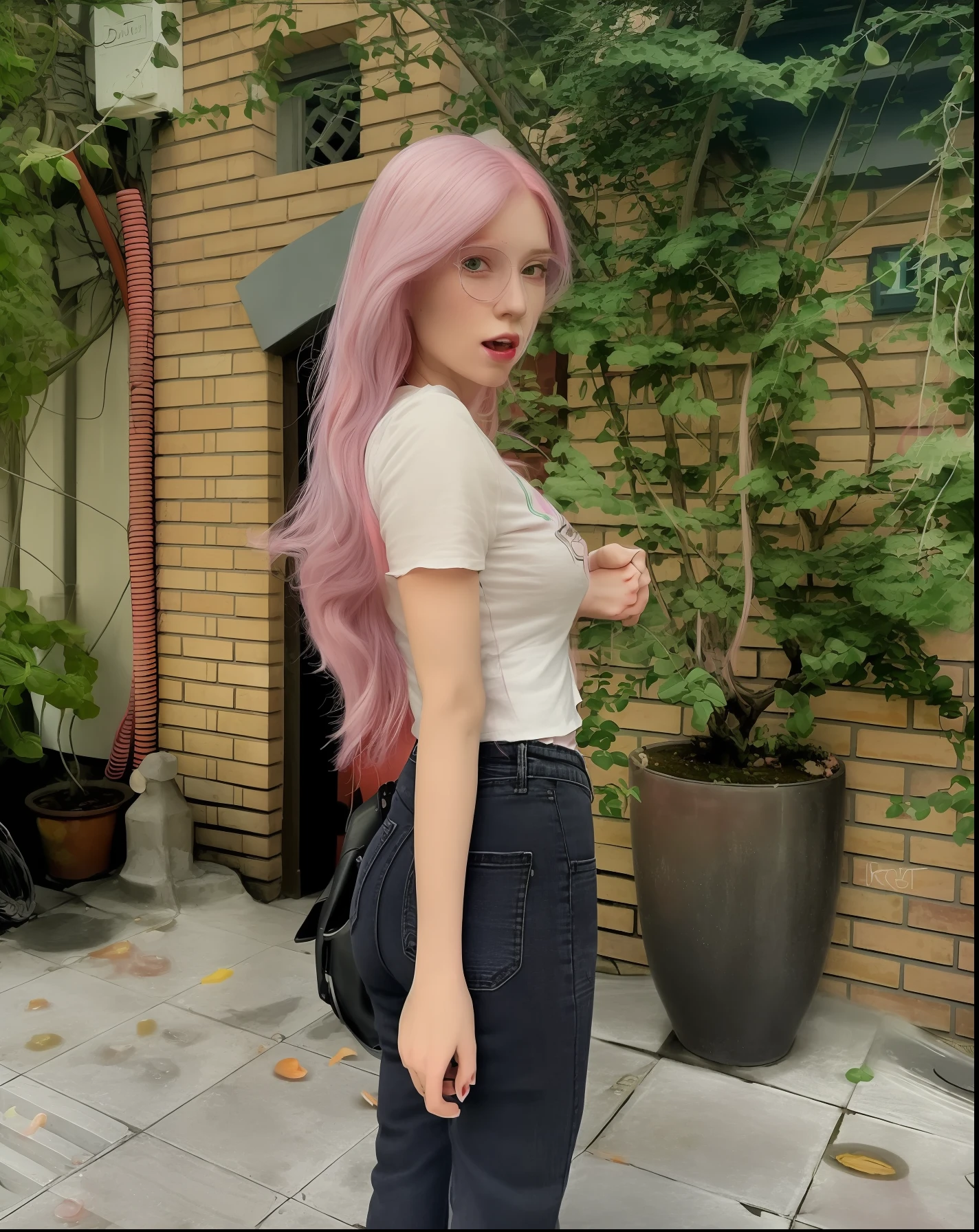 araffed woman with pink hair and a white shirt and jeans, long flowing pink hair, flowing pink hair, with pink hair, pink straight hair, long hair with pastel colors, long pink hair, pastel light pink very long hair, long bubblegum hair, with long hair, long light pink hair, with white long hair, pink wispy hair, long wavy purple hair
