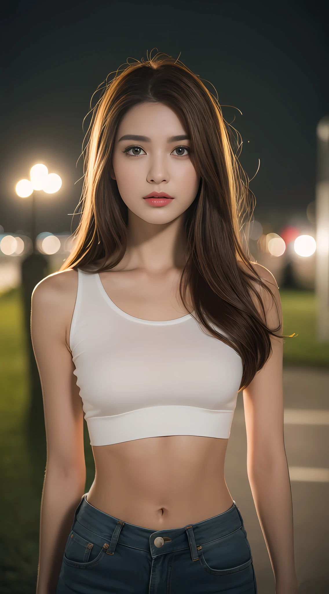 ((Realistic lighting, Best quality, 8K, Masterpiece: 1.3)), Clear focus: 1.2, 1girl, Perfect beauty: 1.4, Slim abs: 1.1, ((Dark brown hair)), (White crop top: 1.4), (Outdoor, Night: 1.1), Park view, Super fine face, Fine eyes, Double eyelids,