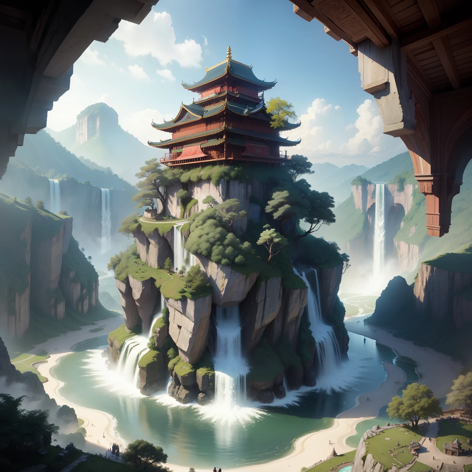 a palace,mid air,Surrounding waterfalls,baiyun,8K,wonderland