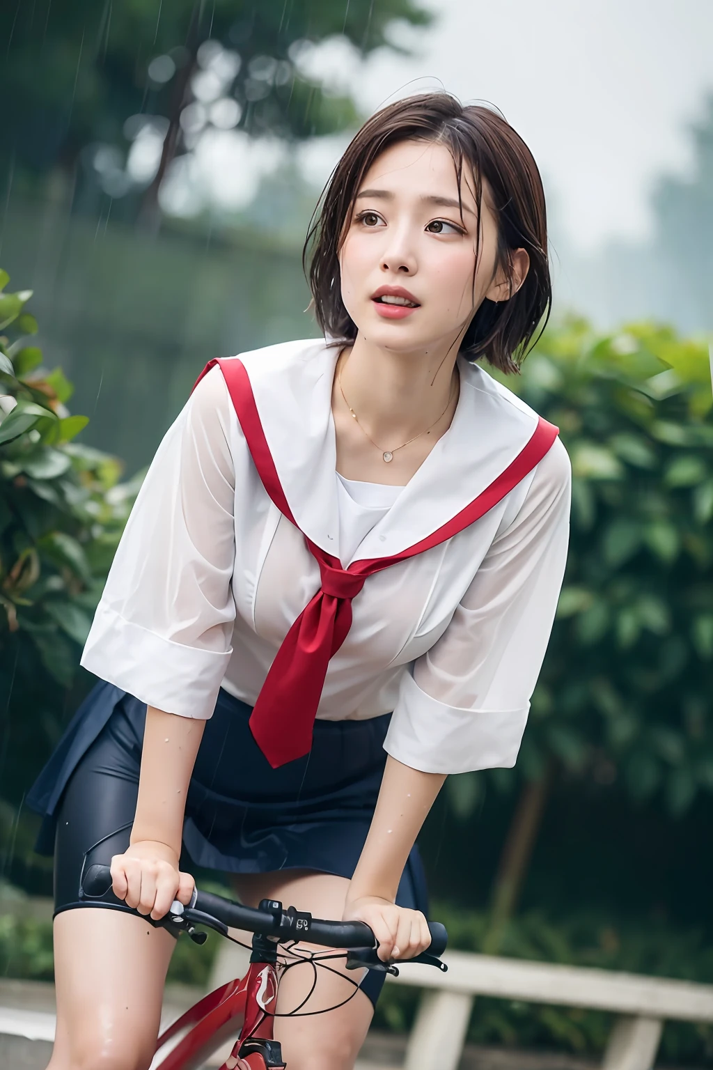 One Girl in the Rain、Blushing cheeks、((Red Bicycle))、((Riding a bike))、gazing at viewer、Heavy rain、large full breasts、A sheer sailor suit that sticks to your chest when wet、skirt by the、Girl in Japan uniform and girl in the rain 、Pedaling a bike in the rain、florals、hair pin、a necklace、piercings、Getting wet and leaning forward、from below looking up、depth of fields、pointed red mouth、short hair of reddish-brown color wet and shiny,,,,,,,,,Red mouth,Black eyes、鎖骨、Beautiful fingers、Hourglass body、portrait of a full body、Loosen your tie、Wet cute face、