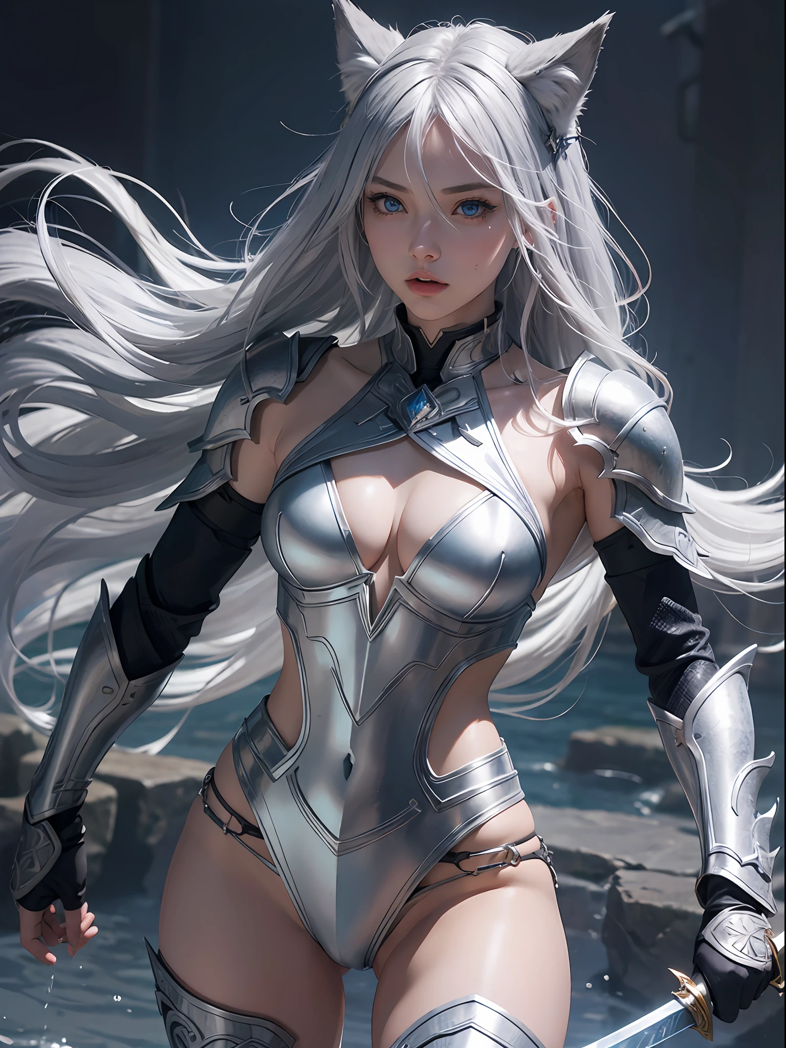 1 girl,serious,silver hair,wolf ears,blue eyes,bikini armor,having long sword,abs,dynamic pose,dynamic angle,intricate details, hyper realistic, perfect anatomy