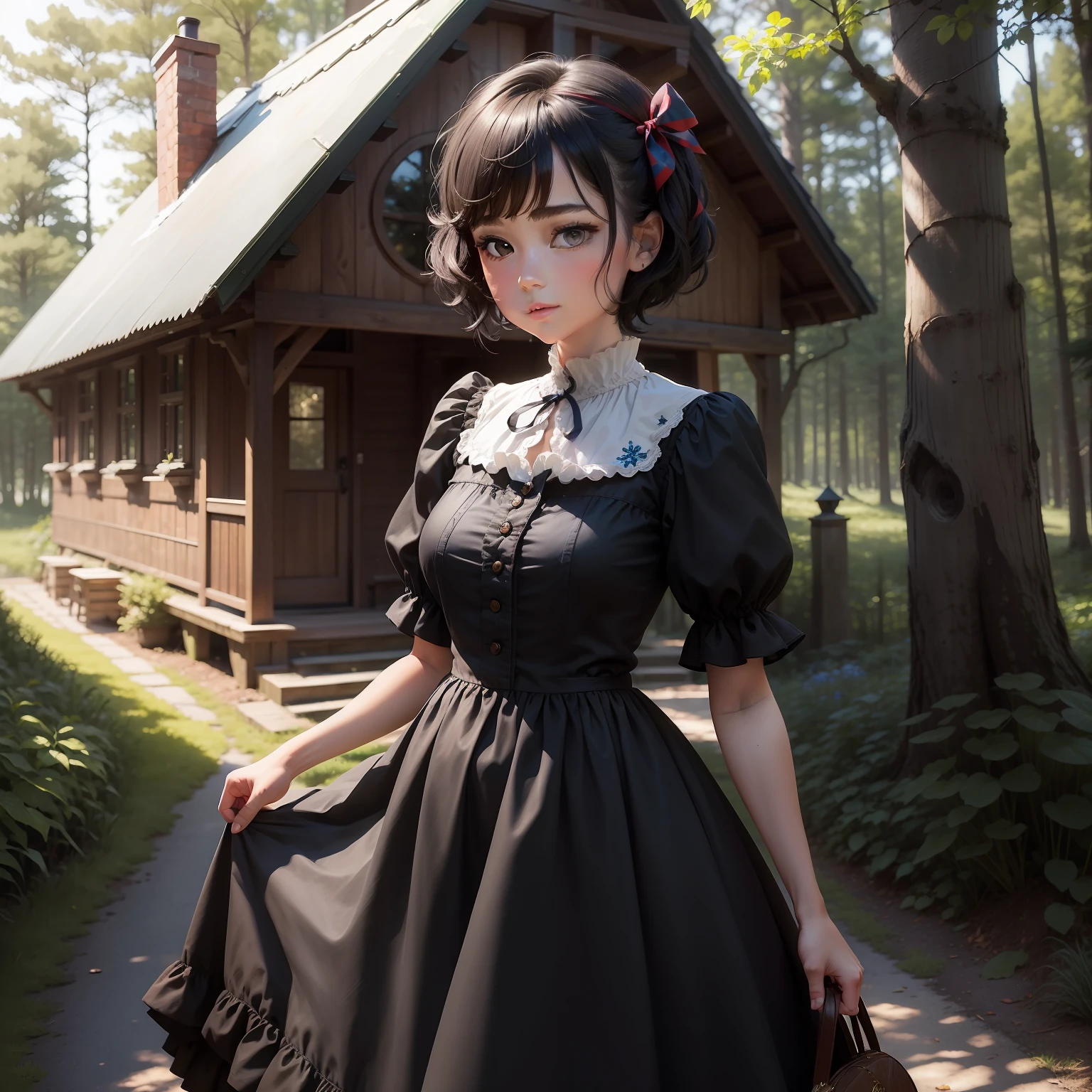cottage in the forest,There is one girl,Short black hair,Hair is slightly curled,Red bow on the head,Big bright eyes,with fair skin,The nose is high,Ruddy mouth,Blue dress,Baroque style,Apple in hand,Beautuful Women,kotori