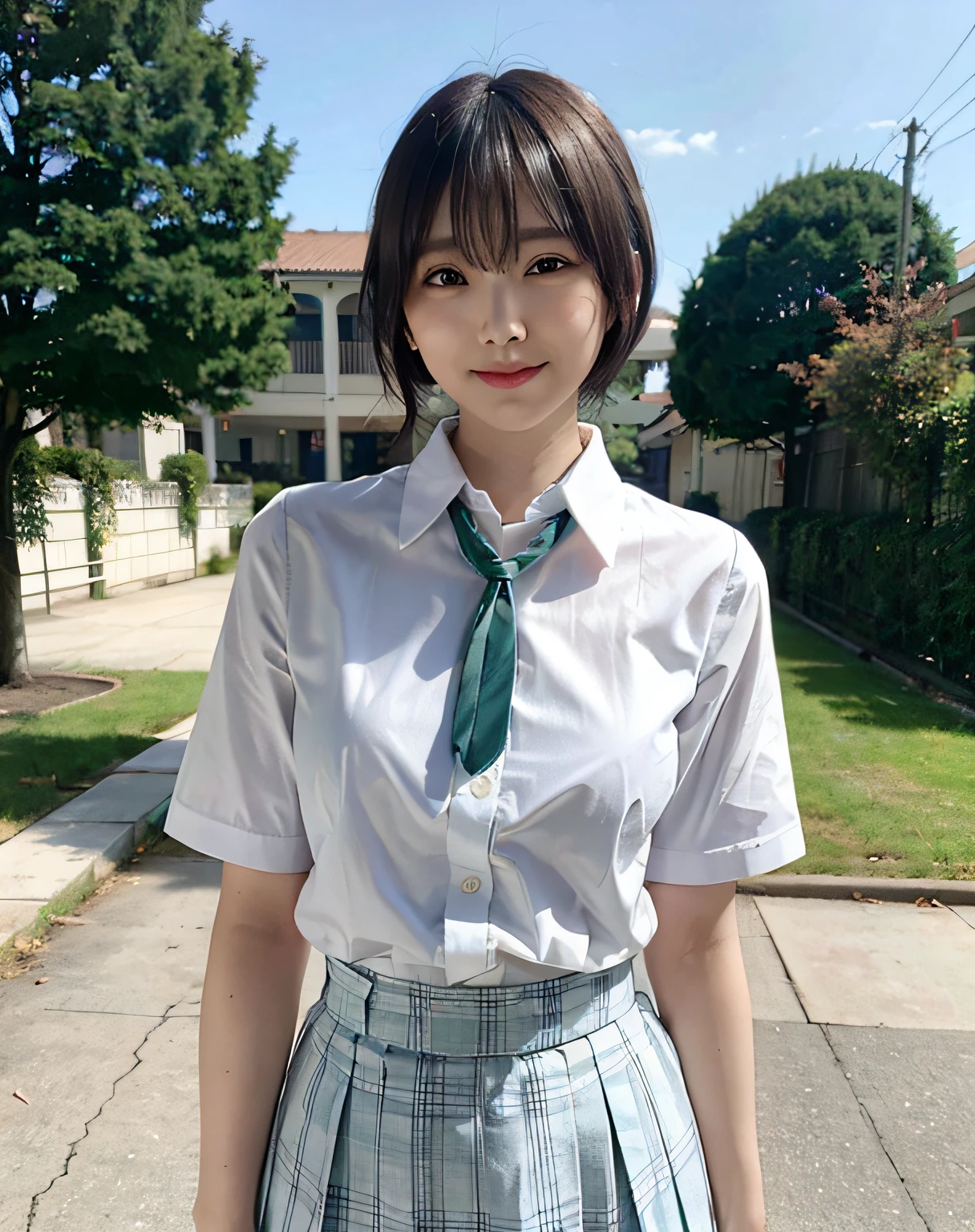 Woman posing in schoolyard、top-quality、女の子 1 a person、middlebreasts、tag、with light glowing、blur backgroun、bokeh dof、outside of house、(Street:0.8)、(a person々、Large crowds:1、A slender、large full breasts、hi-school girl、Clothes that adhere perfectly to the body、White collared shirt、shortsleeves、（Pleated skirt with dark green check)、Bery short hair、Forehead:0.8)、Beautiful sky with details、耳Nipple Ring、A slender、Sareme、 (above knee)、Soft lighting、the wind、glowy skin、A smile、The wind is blowing、