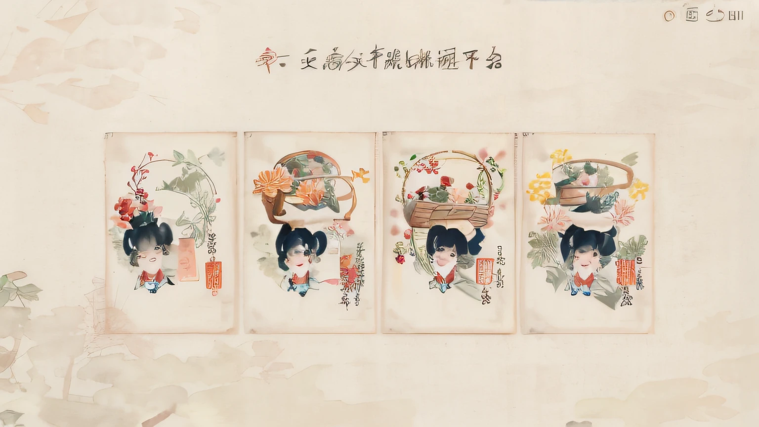 There are three photos of girls holding a basket of flowers, Middle metaverse, hand painted cartoon art style, inspired by Ma Yuanyu, Chinese watercolor style, Official artwork, trending on cgstation, inspired by Chen Daofu, 9K, 9 k, Chinese painting style, Watercolor illustration style