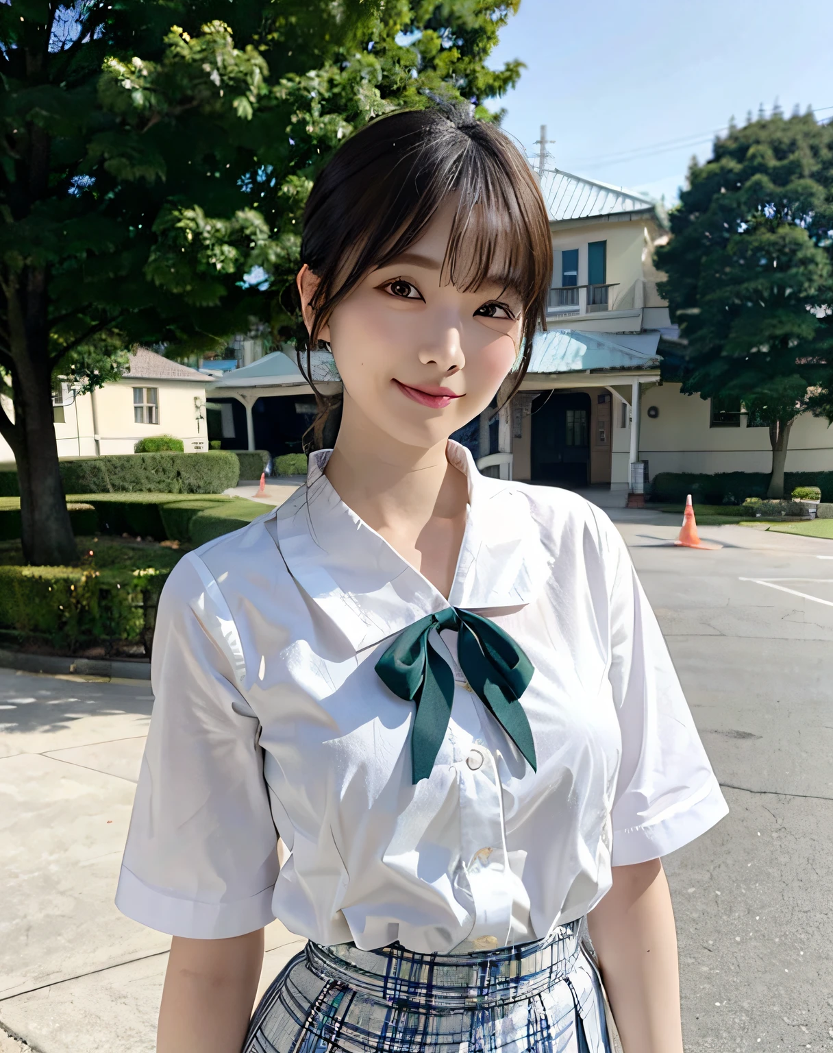 Woman posing in schoolyard、top-quality、女の子 1 a person、middlebreasts、tag、with light glowing、blur backgroun、bokeh dof、outside of house、(Street:0.8)、(a person々、Large crowds:1、A slender、large full breasts、hi-school girl、Clothes that adhere perfectly to the body、White collared shirt、shortsleeves、（Pleated skirt with dark green check)、Bery short hair、Forehead:0.8)、Beautiful sky with details、耳Nipple Ring、A slender、Sareme、 (above knee)、Soft lighting、the wind、glowy skin、A smile、The wind is blowing、