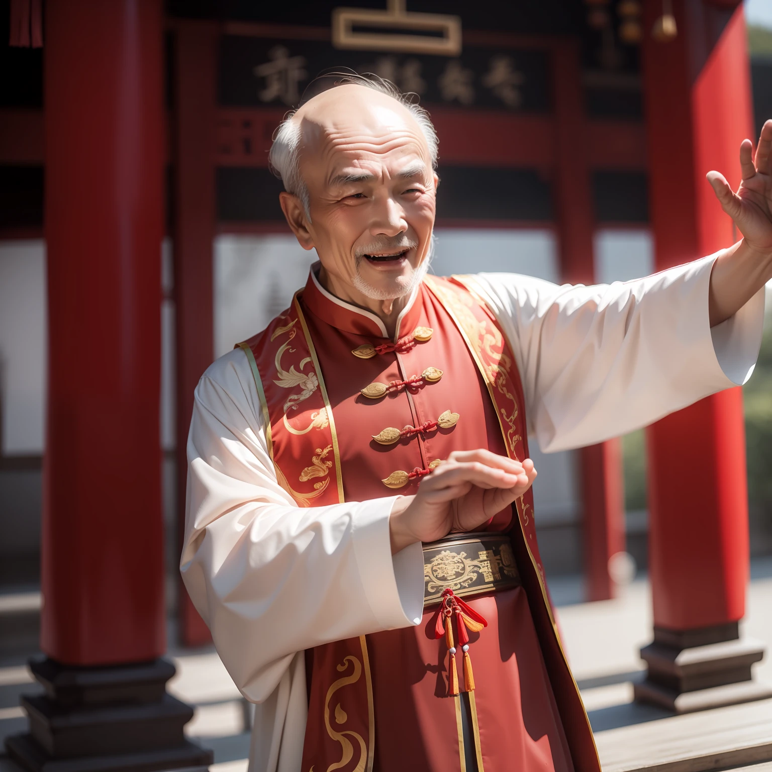 Han Chinese,Balding old man dressed in traditional Chinese clothing,red colour,jubilation,a cassock,Temple,k hd,真实感,超高分辨率