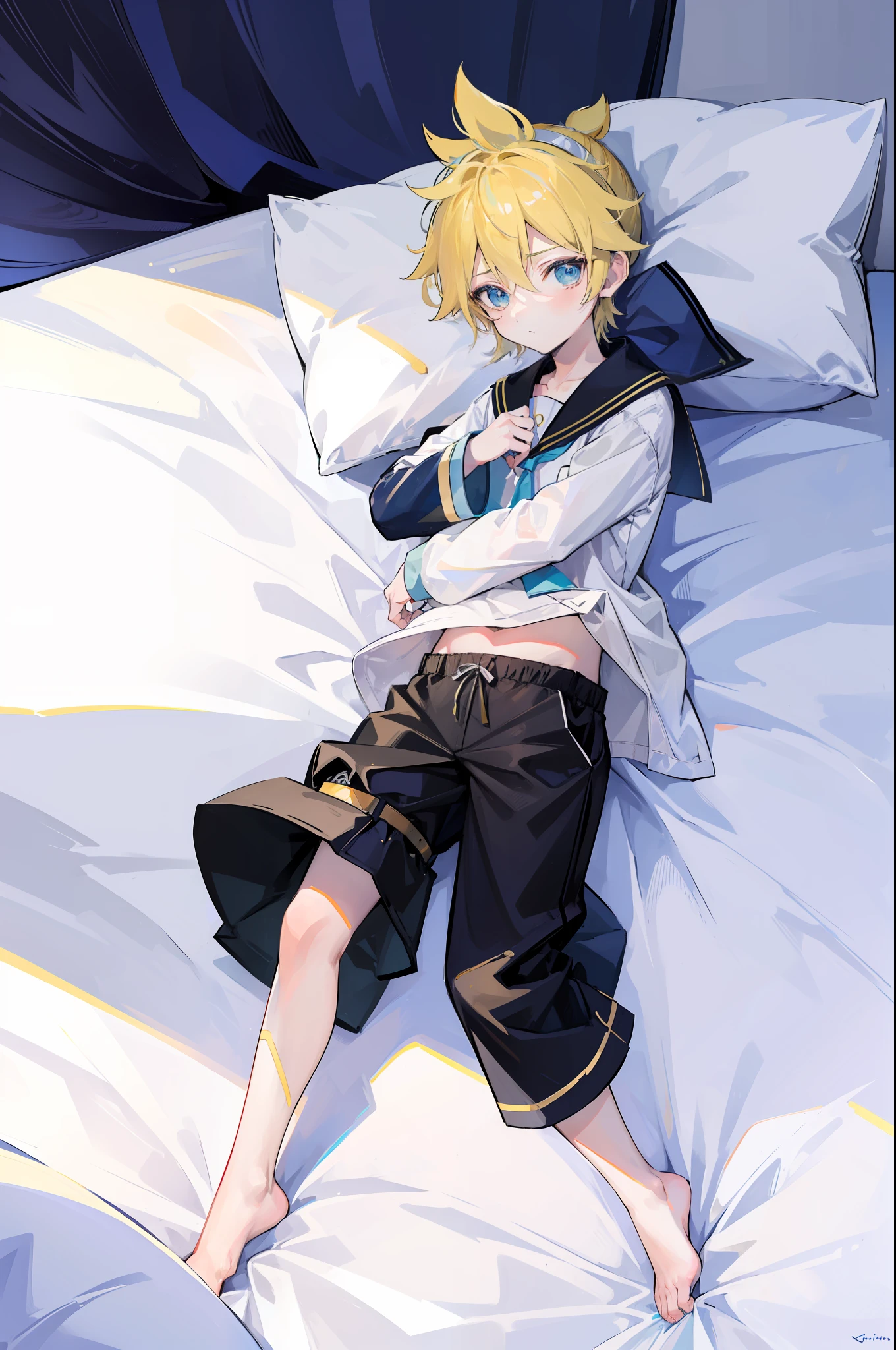 best quality, ultra precision, (one boy), (Len_kagamine), blue eyes, sailor uniform, black short pants, cowlick, on bed, lying on bed, hugging pillow, innocent, pure, character focus, slender, full body