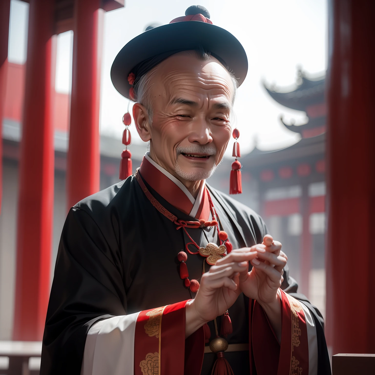 Han Chinese，Balding old man dressed in traditional Chinese clothing，red colour，jubilation，a cassock，Temple，k hd，真实感，超高分辨率