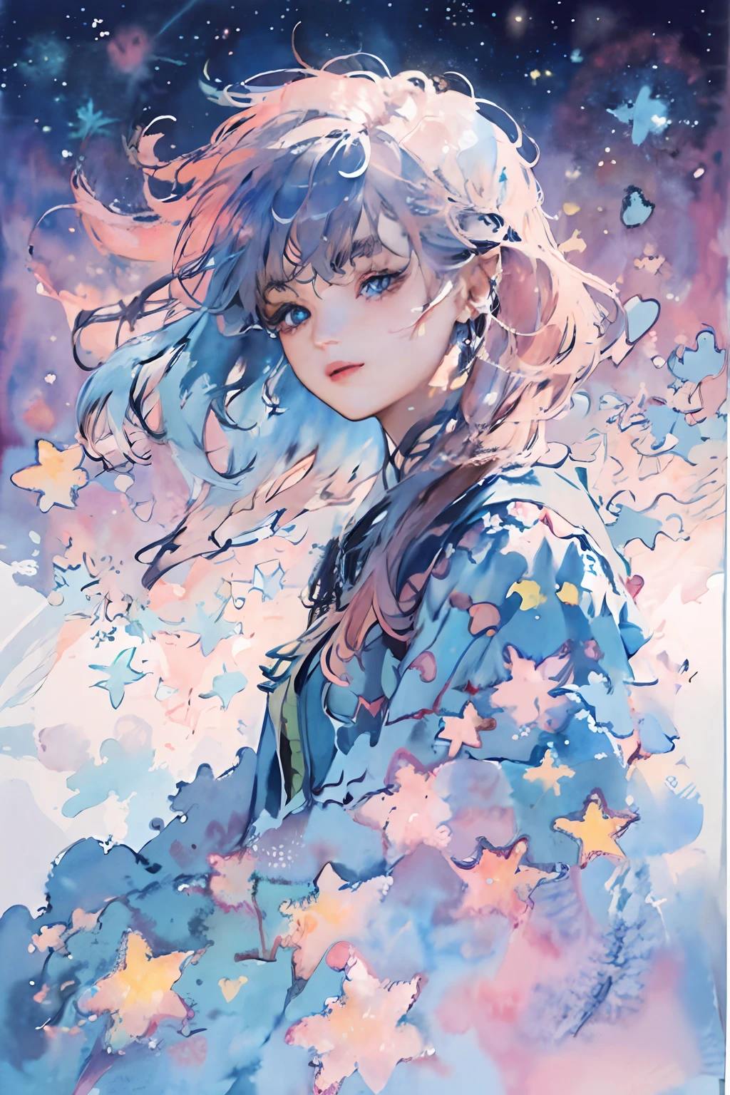 (masterpiece, top quality, best quality,watercolor (medium),official art, beautiful and aesthetic:1.2),(1girl:1.3), (fractal art:1.3),upper body, from side, looking at viewer,patterns,(rainbow color Hair,colorful hair,half blue and half pink hair:1.2),water,liquid, cloud,colorful, starry,stars,