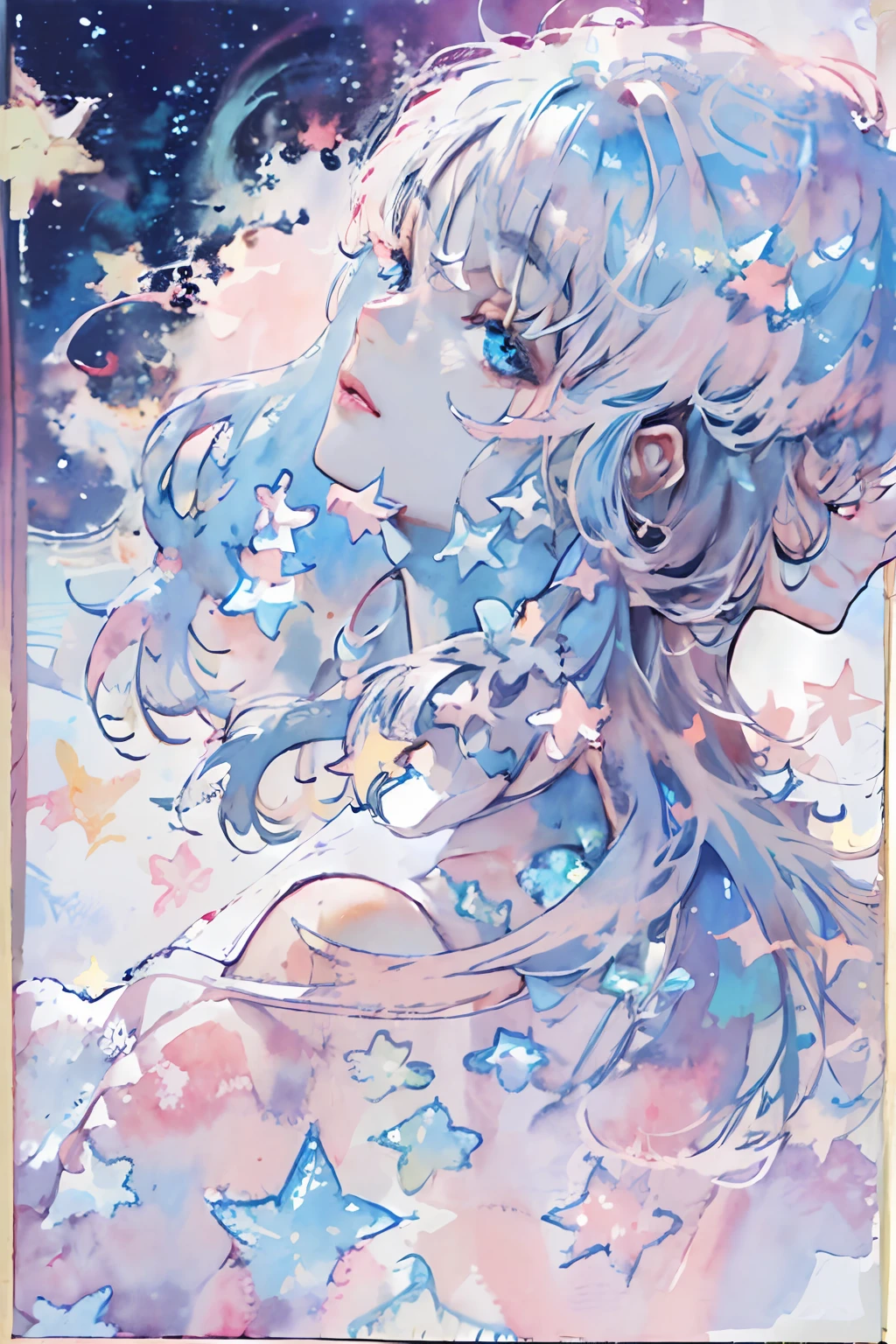 (masterpiece, top quality, best quality,watercolor (medium),official art, beautiful and aesthetic:1.2),(1girl:1.3), (fractal art:1.3),upper body, from side, looking at viewer,patterns,(rainbow color Hair,colorful hair,half blue and half pink hair:1.2),water,liquid, cloud,colorful, starry,stars,
