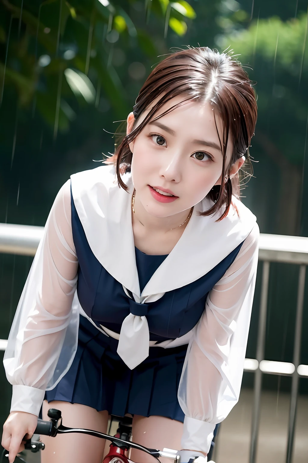 One Girl in the Rain、Blushing cheeks、((Red Bicycle))、((Riding a bike))、gazing at viewer、Heavy rain、large full breasts、A sheer sailor suit that sticks to your chest when wet、skirt by the、Girl in Japan uniform and girl in the rain 、Pedaling a bike in the rain、florals、hair pin、a necklace、piercings、Getting wet and leaning forward、from below looking up、depth of fields、pointed red mouth、short hair of reddish-brown color wet and shiny,,,,,,,,,,,Red mouth,Black eyes、鎖骨、Beautiful fingers、Hourglass body、portrait of a full body、Loosen your tie、Wet cute face、