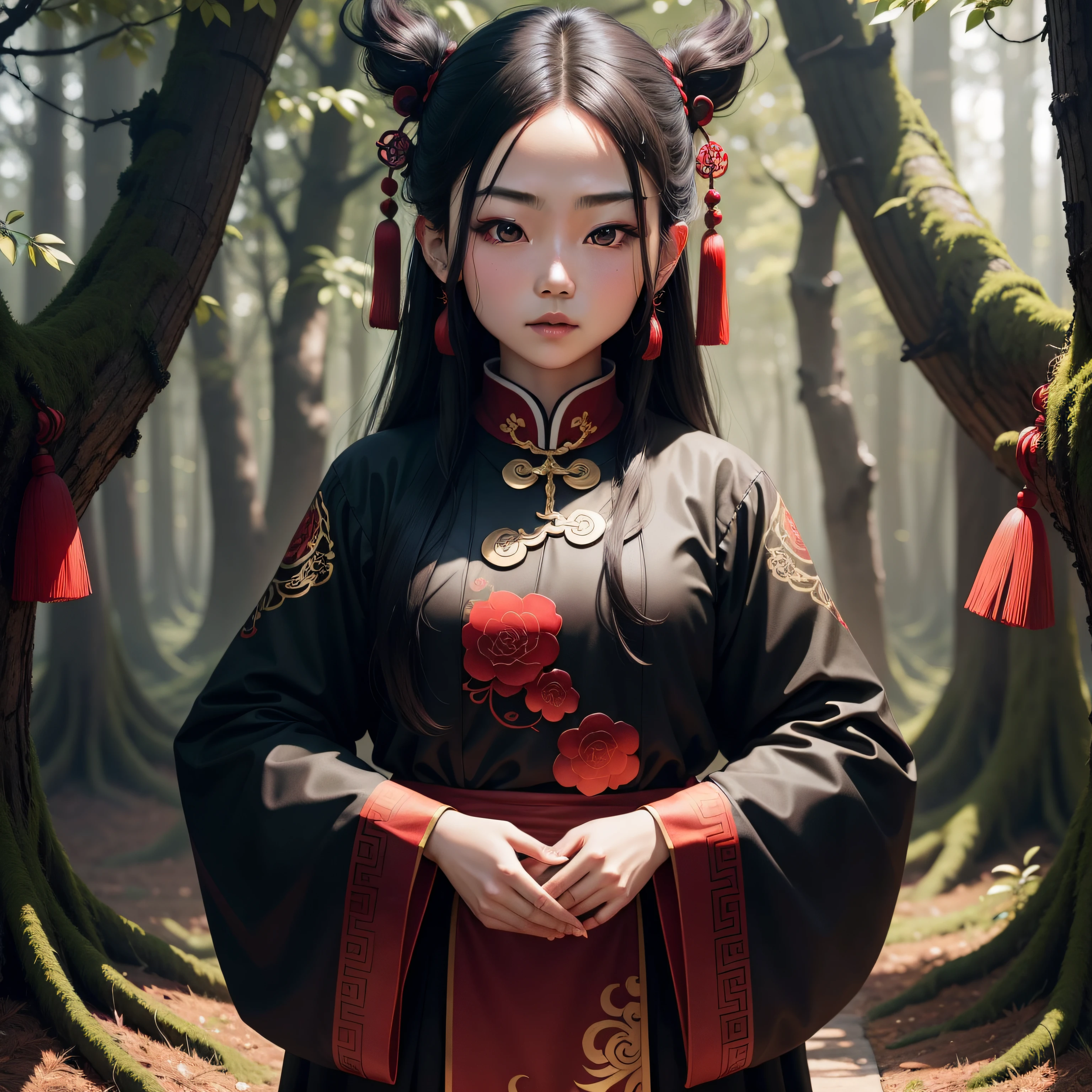 af,Red and black color scheme,Chinese ethnic minorities,forest,Clear hands,二重まぶた,with brown eye