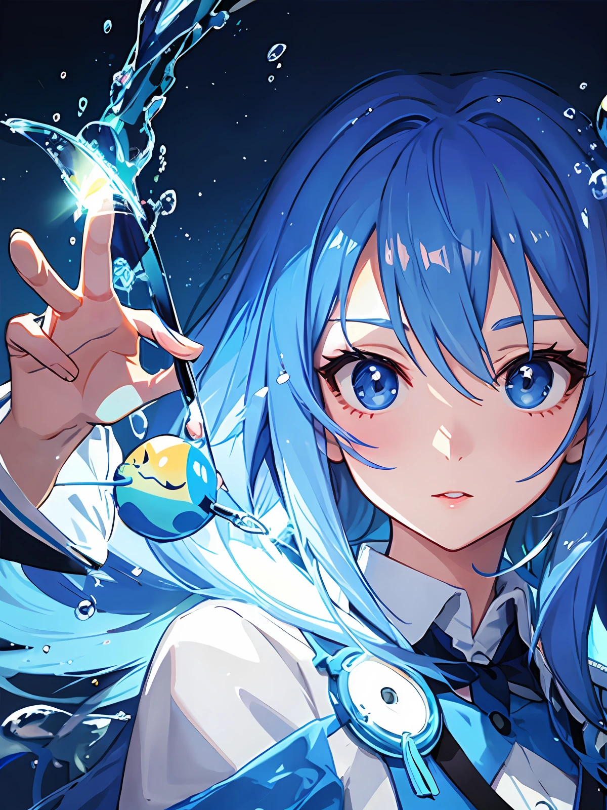 Anime illustration The best bubbles Dreamy Detailed face Best lighting Portrait with a glow stick in hand Deep sea