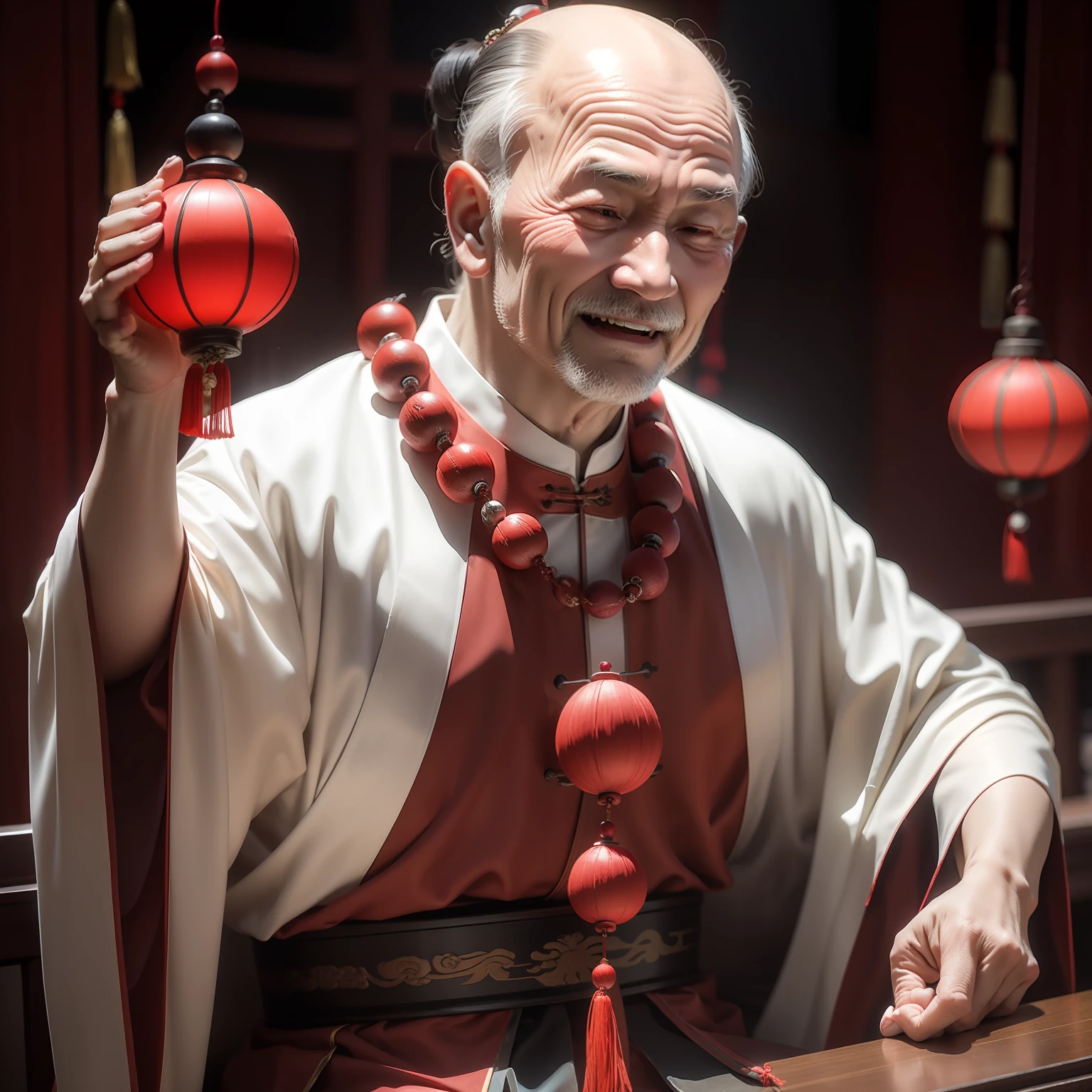 Han Chinese，A balding old man dressed in a traditional Chinese cassock，red colour，jubilation，a cassock，Temple，k hd，真实感，超高分辨率，Prayer beads