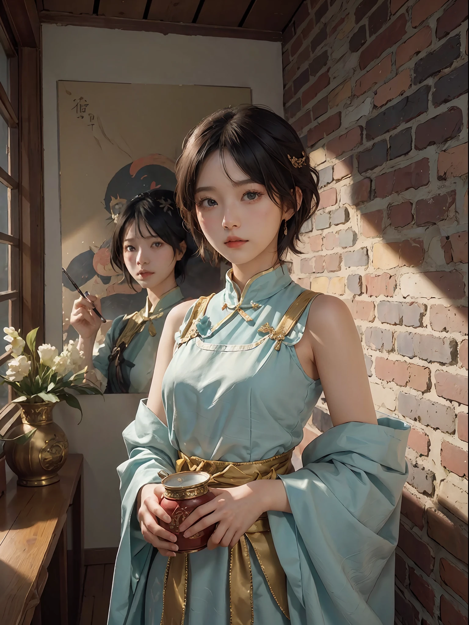 (RAW Photography、top-quality)、(realisitic、Photorealsitic:1.3)、top-quality、high-detail、masterpiece、ultra-detailliert、illustratio、1girl、((very_short_hair))、dynamic ungle、world masterpiece theater、black_hair、top-quality、the Extremely Detailed CG Unity 8K Wallpapers、inky、magnifica、电影灯光、lens_flare、dunhuang_style、Brick Wall、vases