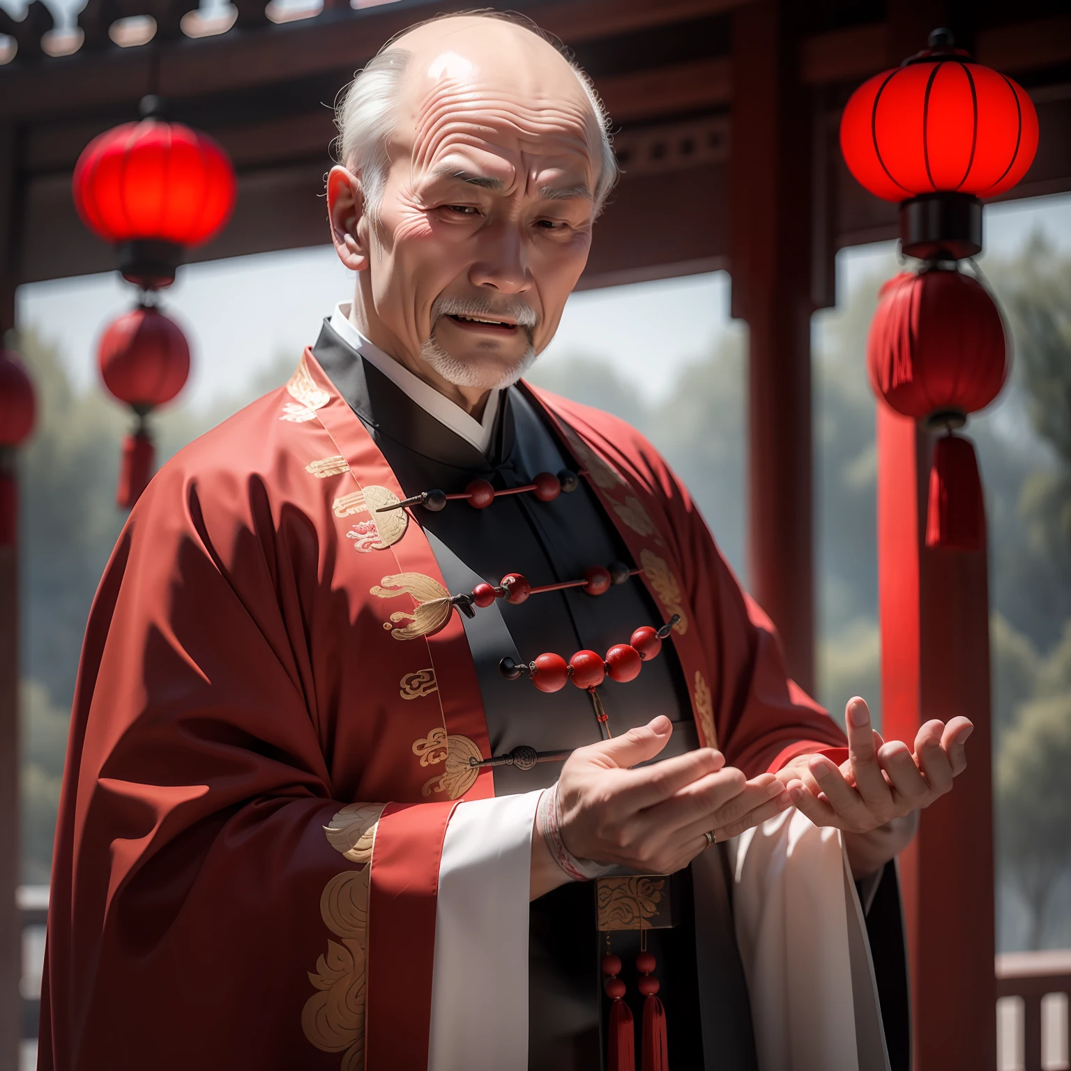 Han Chinese,A balding old man dressed in a traditional Chinese cassock,red colour,jubilation,a cassock,Temple,k hd,真实感,超高分辨率,Prayer beads