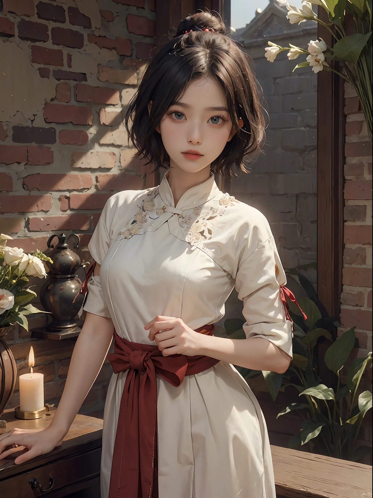 (RAW Photography、top-quality)、(realisitic、Photorealsitic:1.3)、top-quality、high-detail、masterpiece、ultra-detailliert、illustratio、1girl、((very_short_hair))、dynamic ungle、world masterpiece theater、black_hair、top-quality、the Extremely Detailed CG Unity 8K Wallpapers、inky、magnifica、电影灯光、lens_flare、dunhuang_style、Brick Wall、vases