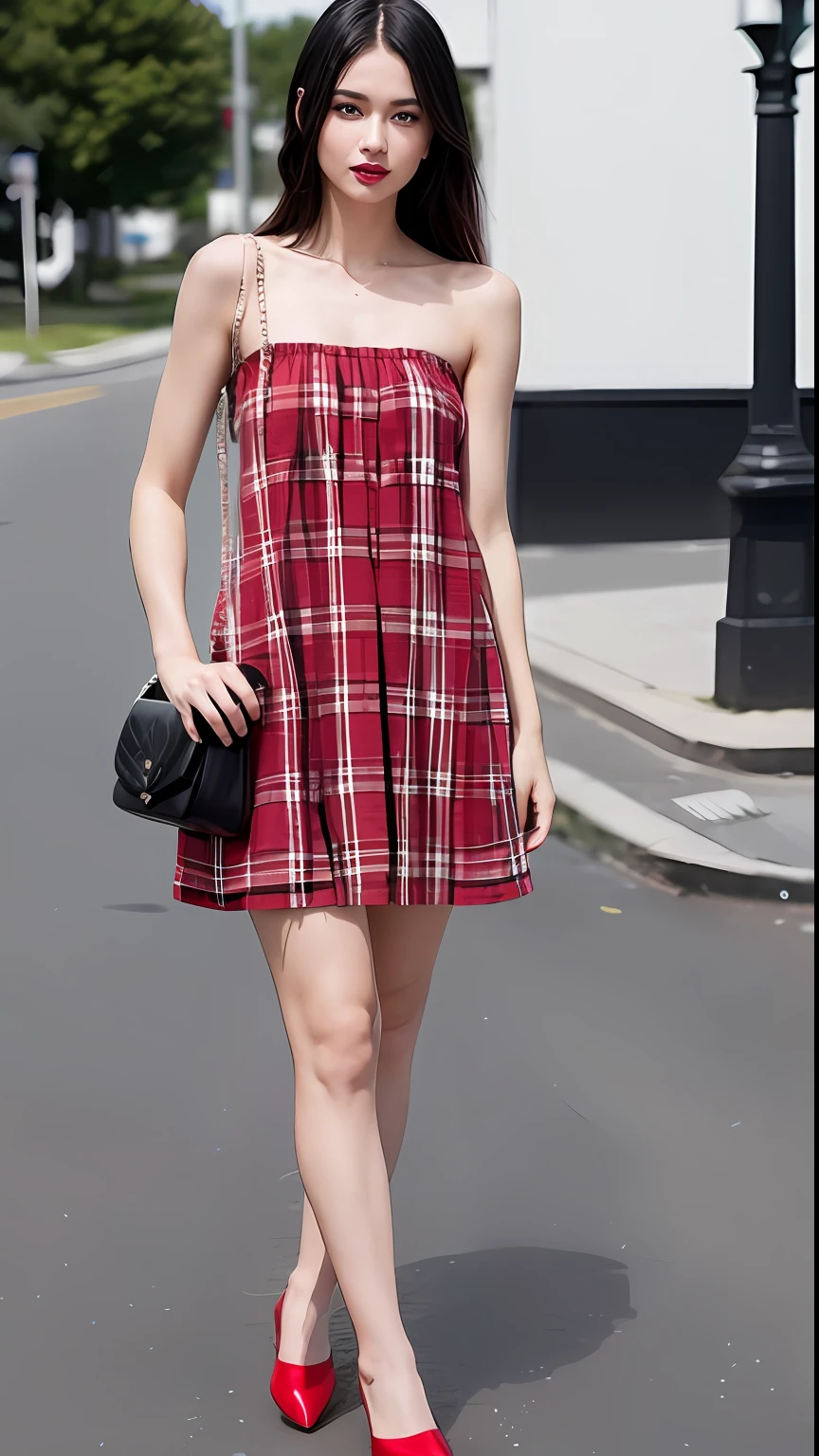 (printed plaid dress),(bare shoulders),1 girl,(full body),(stiletto heels),(short hair:1.1),(realistic:1.7),((best quality)),absurdres,(ultra high res),(photorealistic:1.6),photorealistic,octane render,(hyperrealistic:1.2), (photorealistic face:1.2), (8k), (4k), (Masterpiece),(realistic skin texture), (illustration, cinematic lighting,wallpaper),( beautiful eyes:1.2),((((perfect face)))),(cute),(standing),(smile:0.9),(black hair),(long hair),black eyes,red lips, (outdoors),