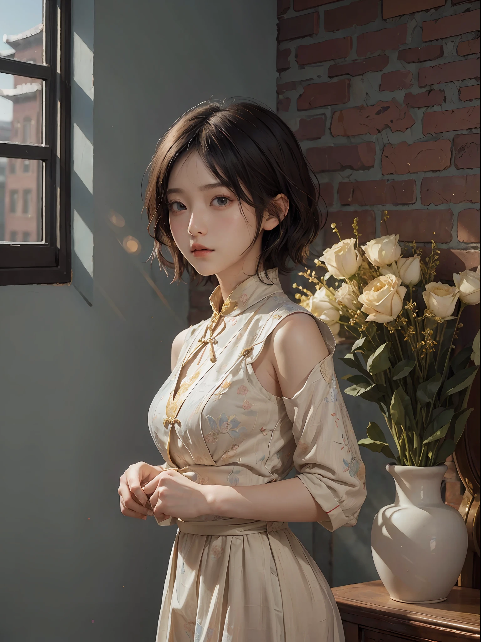 (RAW Photography、top-quality)、(realisitic、Photorealsitic:1.3)、top-quality、high-detail、masterpiece、ultra-detailliert、illustratio、1girl、((very_short_hair))、dynamic ungle、world masterpiece theater、black_hair、top-quality、the Extremely Detailed CG Unity 8K Wallpapers、inky、magnifica、电影灯光、lens_flare、dunhuang_style、Brick Wall、vases