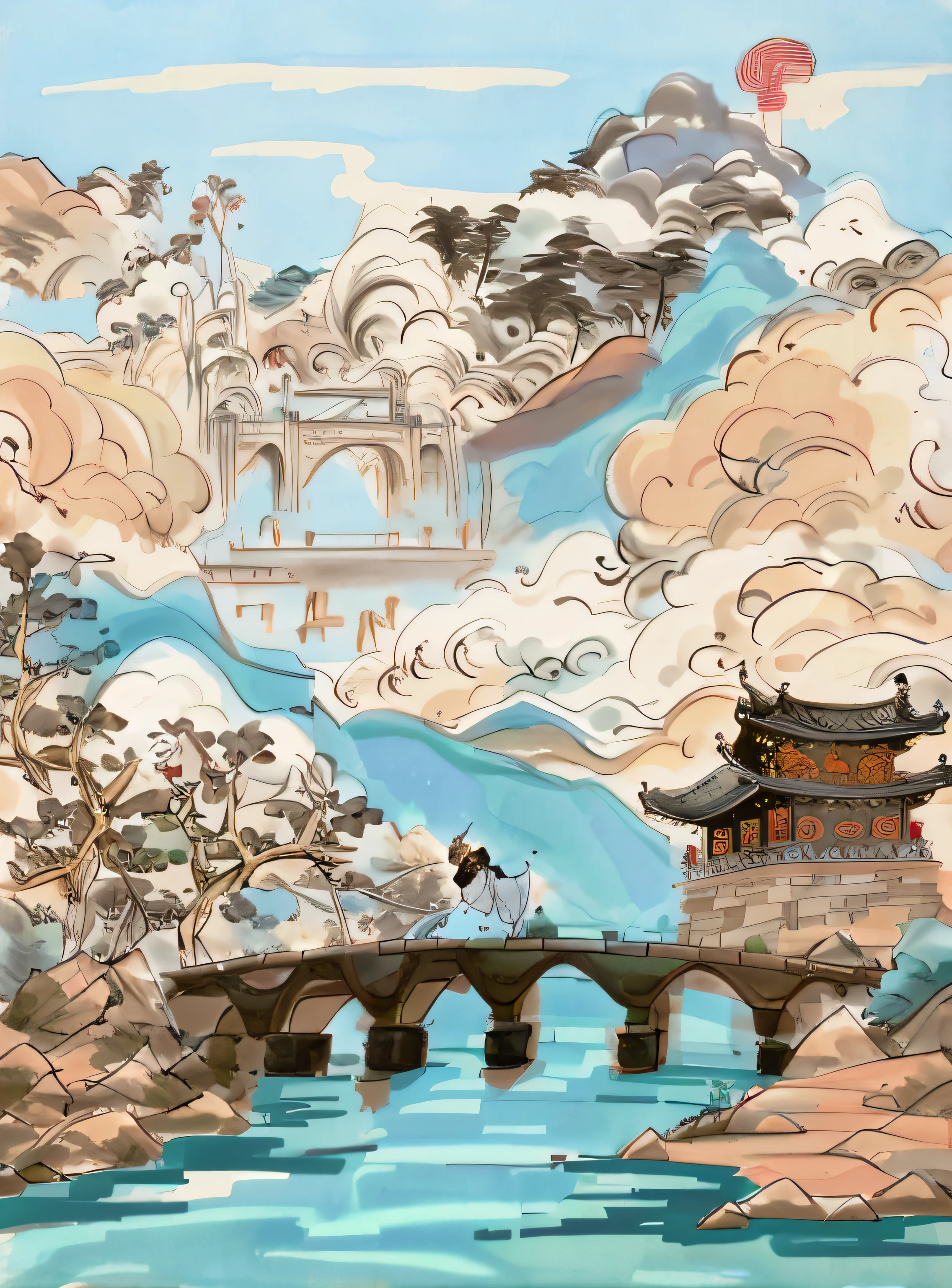 There is a painting of a bridge over the river,The background is mountains, inspired by Dong Yuan, Inspired by Yang Buzhi, inspired by Li Rongjin, dreamy Chinese towns, Inspired by Huang Shen, dreamland of chinese, artwork in the style of z.Show on the. gu, Chinese watercolor style, inspired by Gong Xian, floating lands in-clouds
