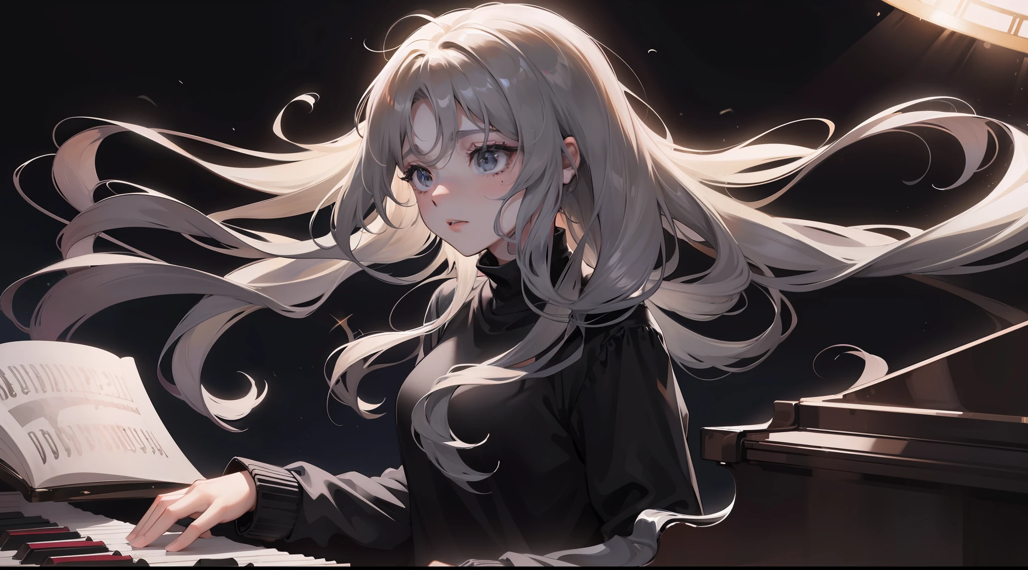 Girl has long wavy hair flowing in the air while she's emotionally playing PIANO and singing while looking sad, she wears black turtleneck. In a dark room that has only one sunlight, a sad atmosphere. SHE IS PLAYING THE PIANO