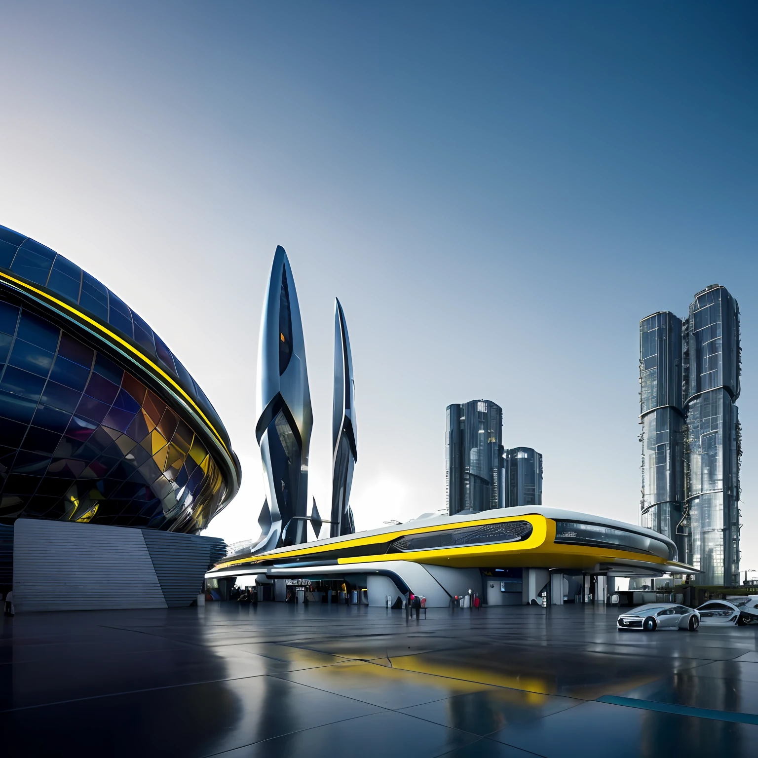 ((Masterpiece, Best quality)), 8K,gasstation， modern architectural style, The color is bright，Space elements，epcot，photographrealistic, hyperedetailed photo, Clean skies, Lots of cars，lots of people，The atmosphere is lively，Ruined city, cyber punk perssonage, Sateen