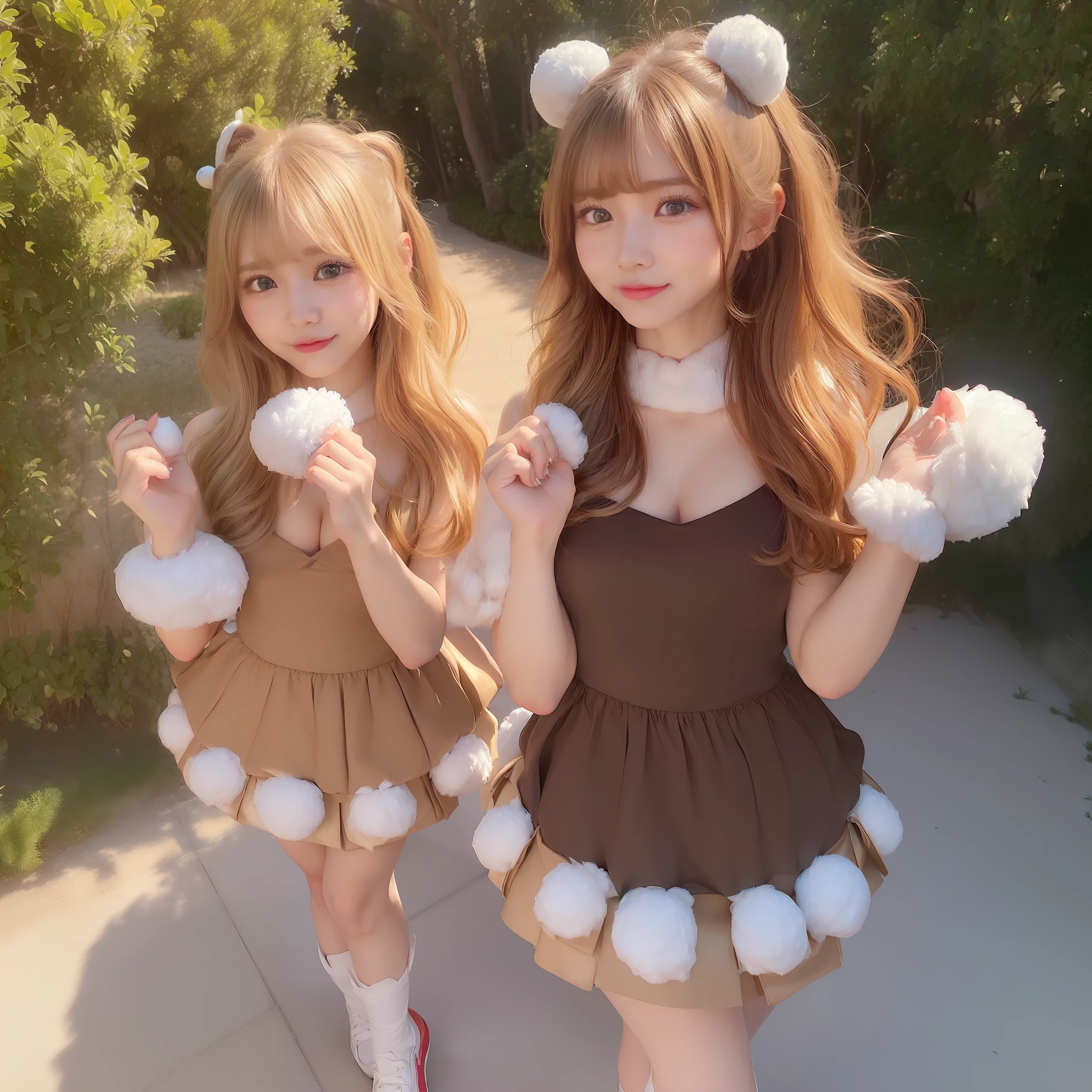 (((A hyper-realistic、Holding a pom-pom in both hands、Cheerleader Cosplay、Anime Cosplay、lawn、Jump with both hands raised(hight resolution)))、(8K)、(ighly detailed)、(Best Illustration)、(beautifully detailed eyes)、(top-quality)、(ultra-detailliert)、(masterpiece)、(wall-paper)、(A detailed face)、fine detailed、A detailed face、in the darkness nigth、deep-shadows、lowkey、((camel)tiptoes))、long legged、big breasts thin waist、photographrealistic:1.4、masterpiece))、Back lighting、highly detailed facial textures women、18year old、((large flabby breasts、super-detaild skin、beautiful make up、open open mouth、short hairstyle with a shiny blonde、