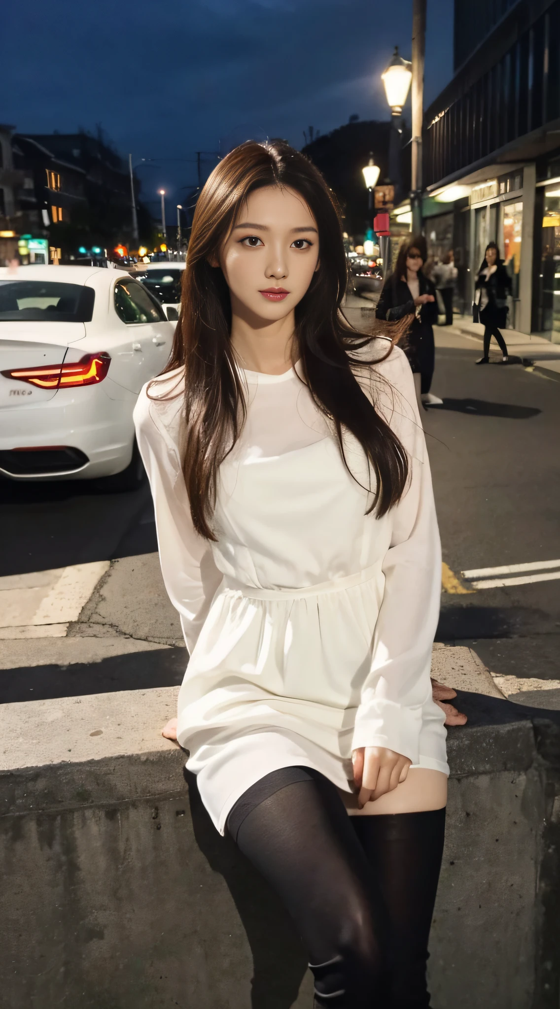 ((Realistic lighting, Best quality, 8K, Masterpiece: 1.3)), Clear focus: 1.2, 1girl, Perfect body beauty: 1.4, Slim abs: 1.1, ((dark brown hair)), (White dress: 1.4), (Outdoor, night: 1.1), City Street, Super Fine Face, Fine Eyes, Double Eyelids, (Over the knee black stockings: 1.5)