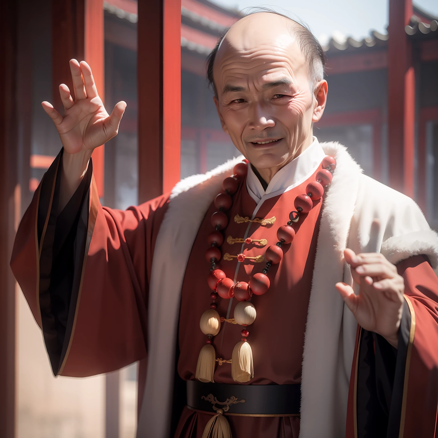 Han Chinese,A balding old man wearing a traditional Chinese cassock,red colour,jubilation,a cassock,Temple,k hd,真实感,超高分辨率,Prayer beads