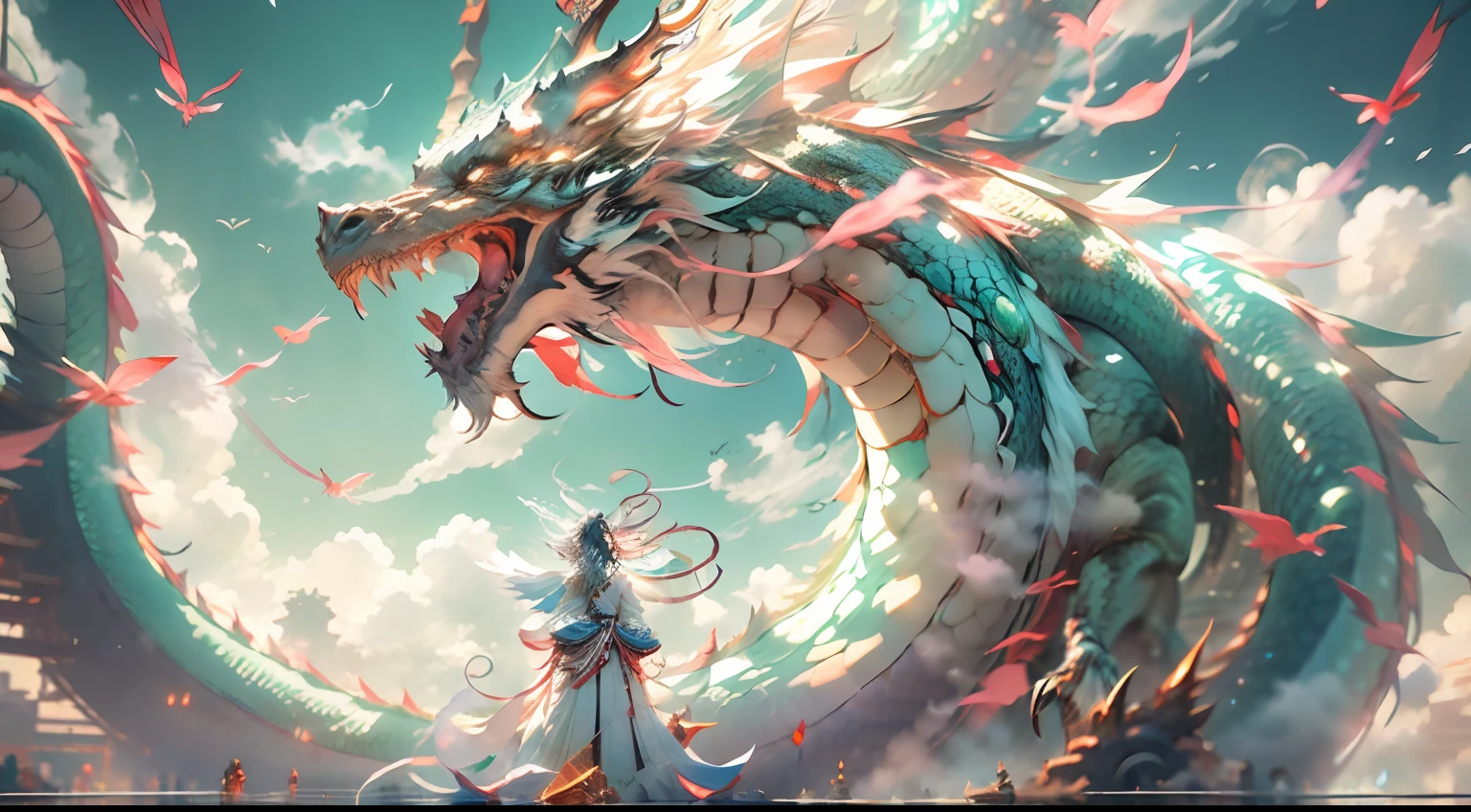 The Chinese White Divine Dragon soared into the air,(Girl manipulates dragons:1.3),(The girl has her back to the camera:1.3),Sky clouds surround the surroundings,Light magic,Fantastic background,Meaning background,Ridiculous background,There are artistic overlays,multicolored hair, surrealism, Cinematic lighting, Ray tracing, god light, speed-line, angle of view, hyper HD, Masterpiece, Best quality, Super detail, A high resolution, High quality,(Far view:1.3)