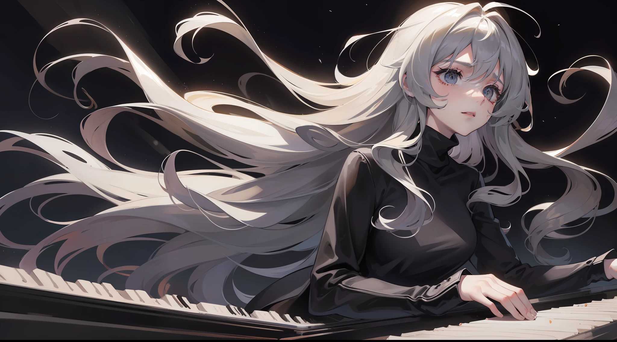 Girl has long wavy hair flowing in the air while she's emotionally playing PIANO and singing while looking sad, she wears black turtleneck. In a dark room that has only one sunlight, a sad atmosphere. SHE IS PLAYING THE PIANO