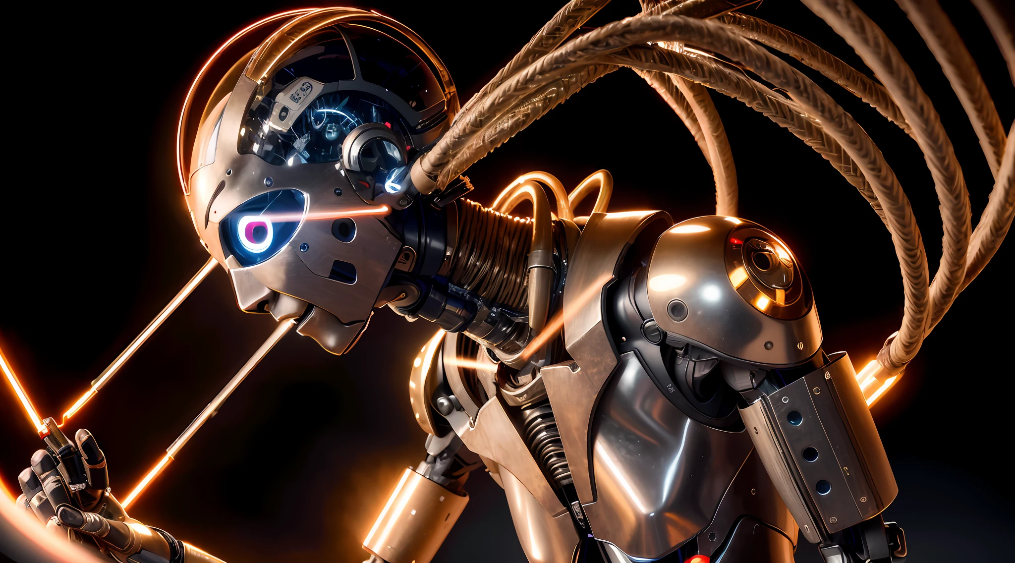 there is a robot that is standing in the dark, cyborg and wire details, cybernetic and highly detailed, portrait of a futuristic robot, cybernetic bionic ancient cyborg, cyber steampunk 8 k 3 d, cybernetic cyborg warrior, detailed portrait of a cyborg, cyberpunk robot, highly detailed cybernetic body, deep cyberpunk mechanoid