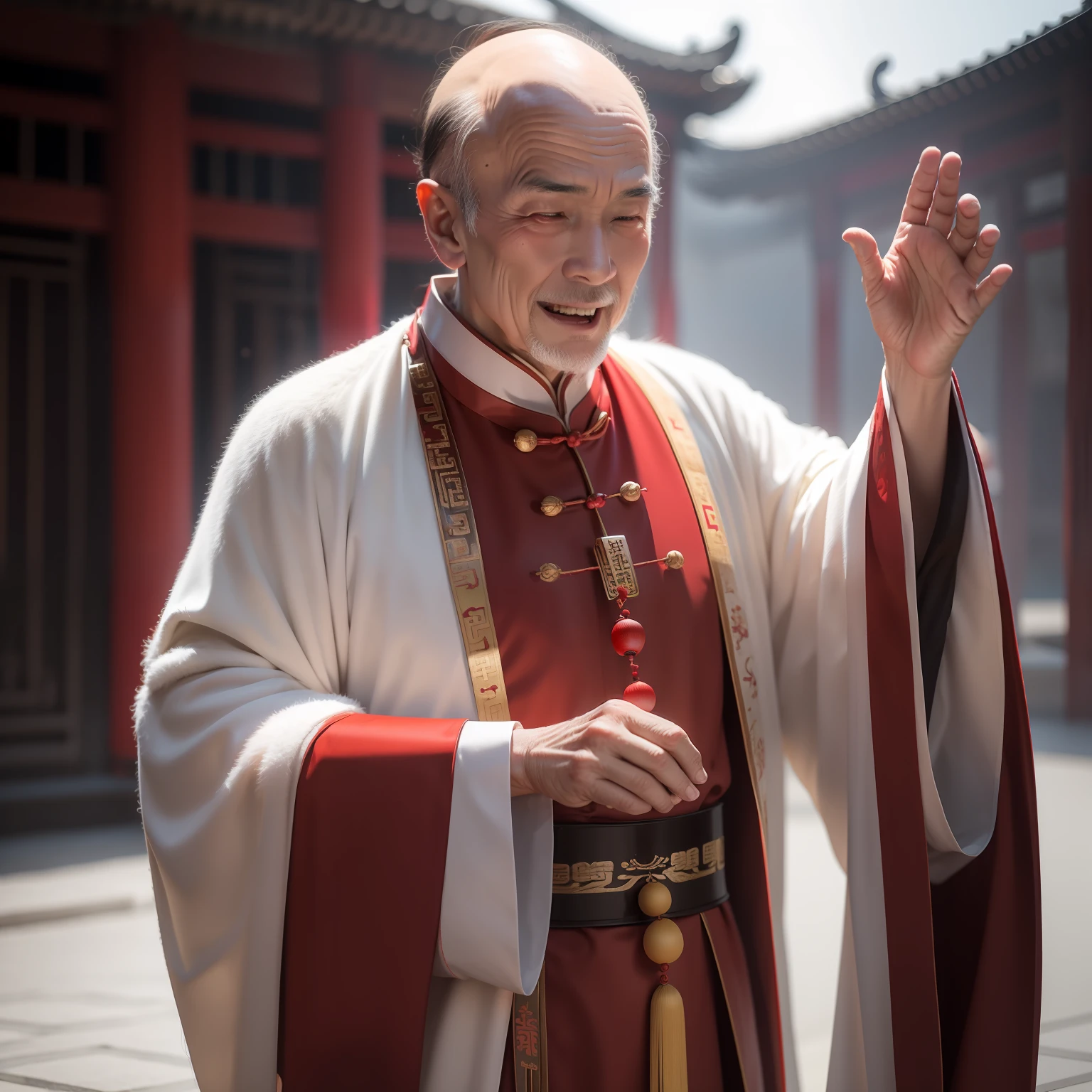 Han Chinese，A balding old man wearing a traditional Chinese cassock，red colour，jubilation，a cassock，Temple，k hd，真实感，超高分辨率，Prayer beads