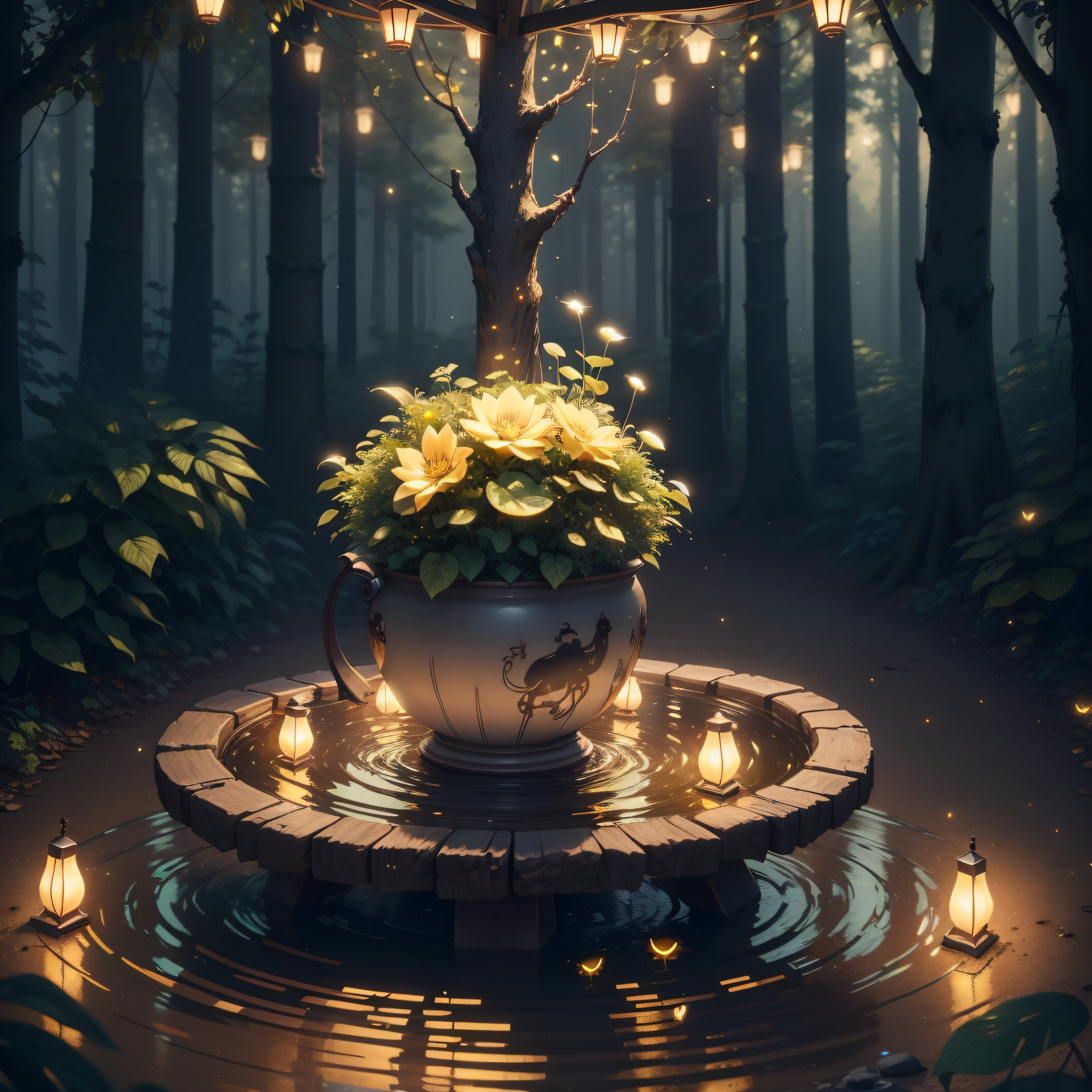 Masterpiece, best quality, (very detailed CG unity 8k wallpaper), (best quality), (best illustration), (best shadows), glow sprite, with a golden deer, in the swimming pool Drinking water, natural elements in the forest theme. Mysterious forest, beautiful forest, nature, surrounded by flowers, delicate leaves and branches surrounded by fireflies (natural elements), (jungle theme), (leaves), (twigs), (fireflies), (particle effects) etc. 3D , Octane rendering, ray tracing, super detailed